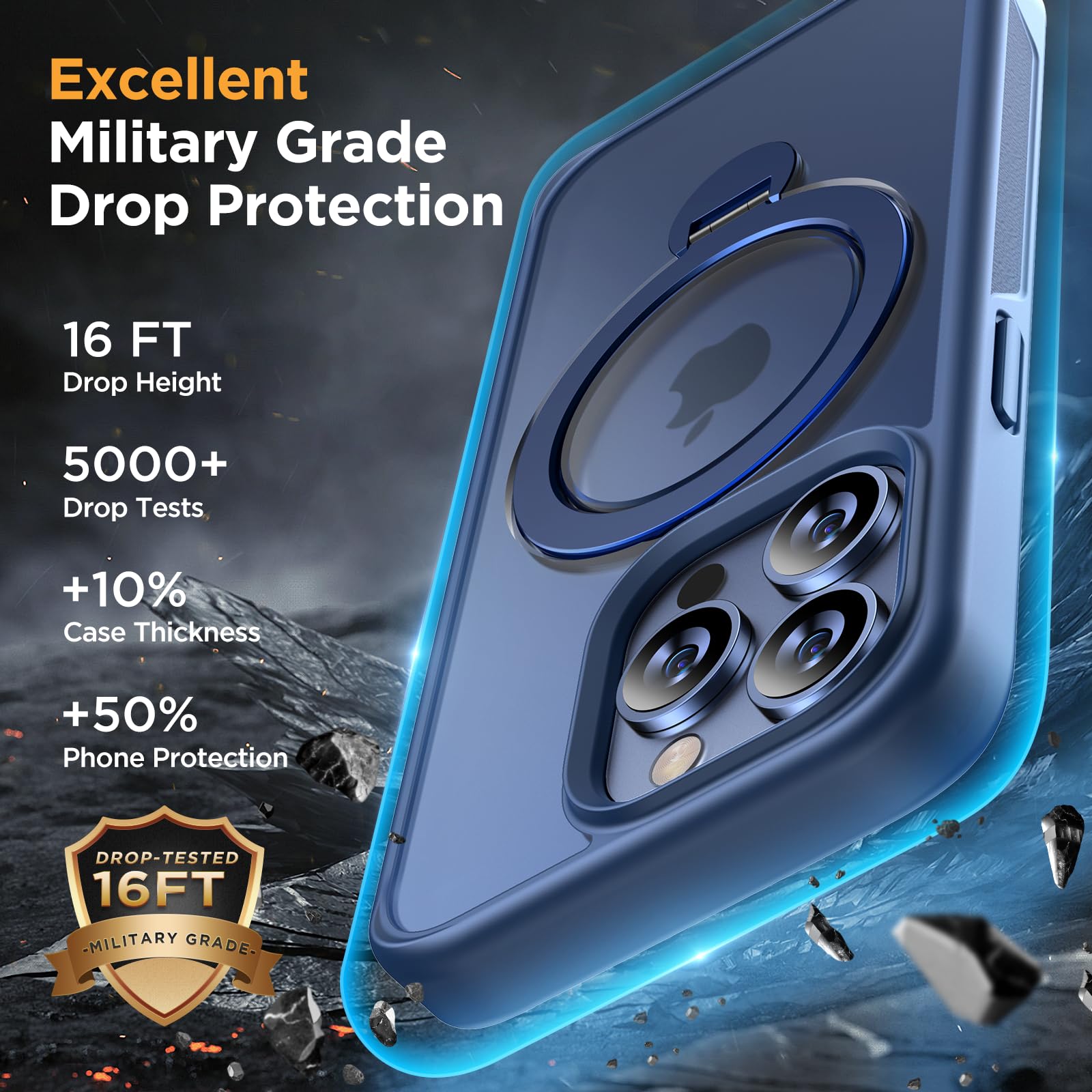 Miracase Magnetic Stand Case for iPhone 15 Pro Max - 360° Rotating MagSafe Compatible, Military-Grade Shockproof Protection, Matte Finish with Ring Holder (Blue) - Perfect for Work, Travel & Everyday Use