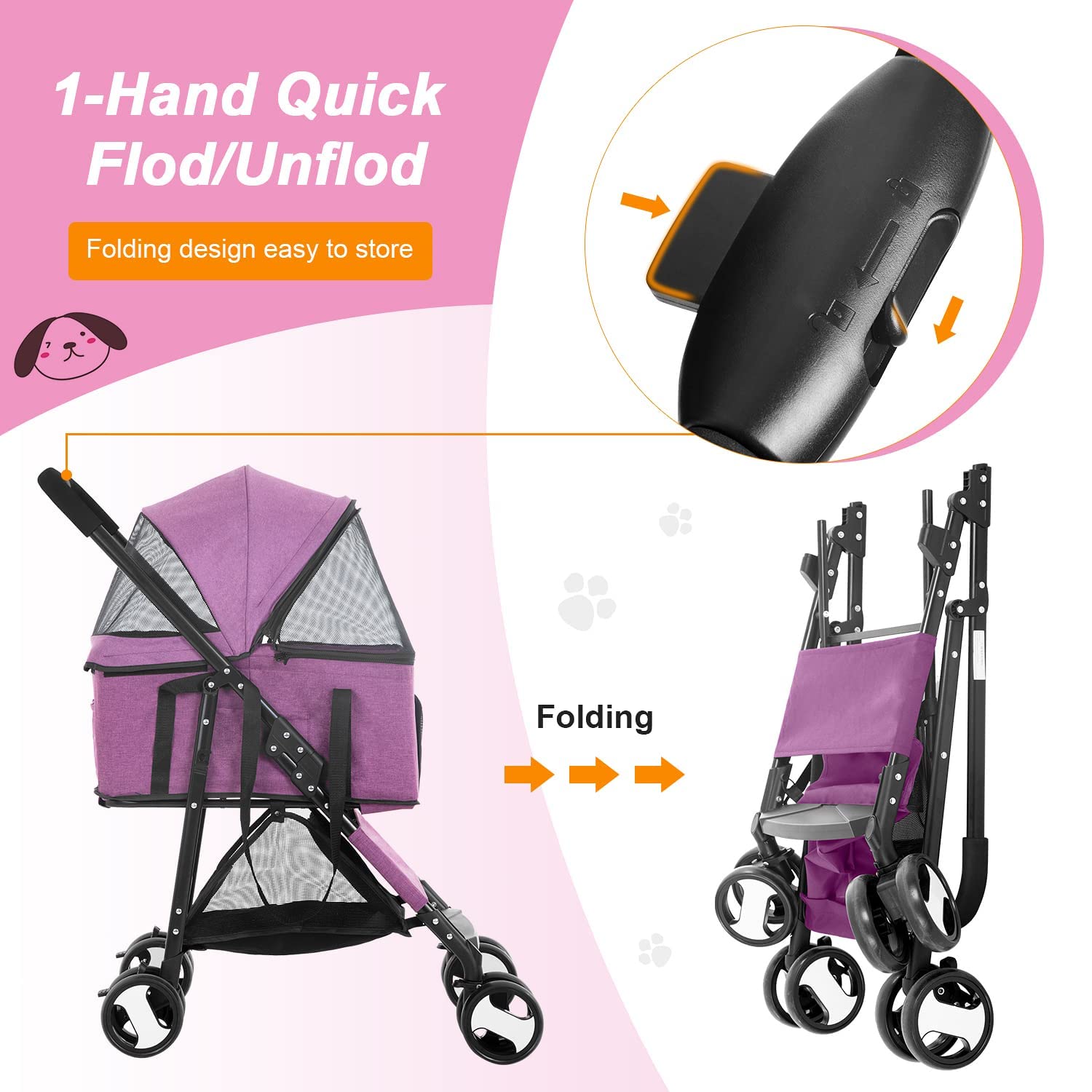 Premium 3-in-1 Foldable Waterproof Pet Stroller for Dogs & Cats - Lightweight Travel & Jogging Carrier for Small/Medium Pets (Pink) | Perfect for Park Walks, Vet Visits & Outdoor Adventures