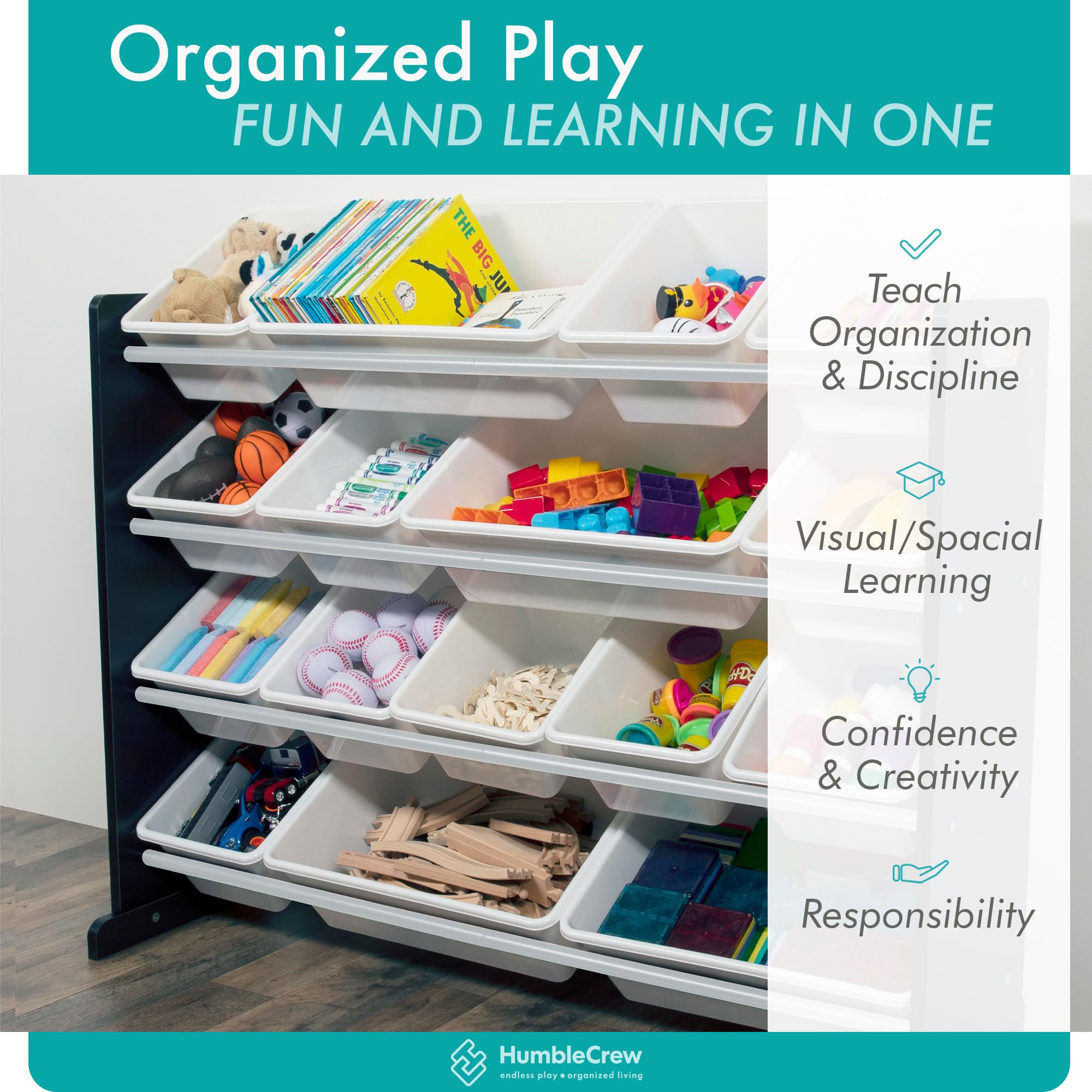 Humble Crew Supersized 16-Bin Toy Storage Organizer with Removable Bins – Large Kids Toy Organizer for Toddlers, Playroom & Nursery – Modern Black & White Toy Storage Bins – Perfect for Organizing Toys, Books & Crafts in Kids' Rooms & Daycares