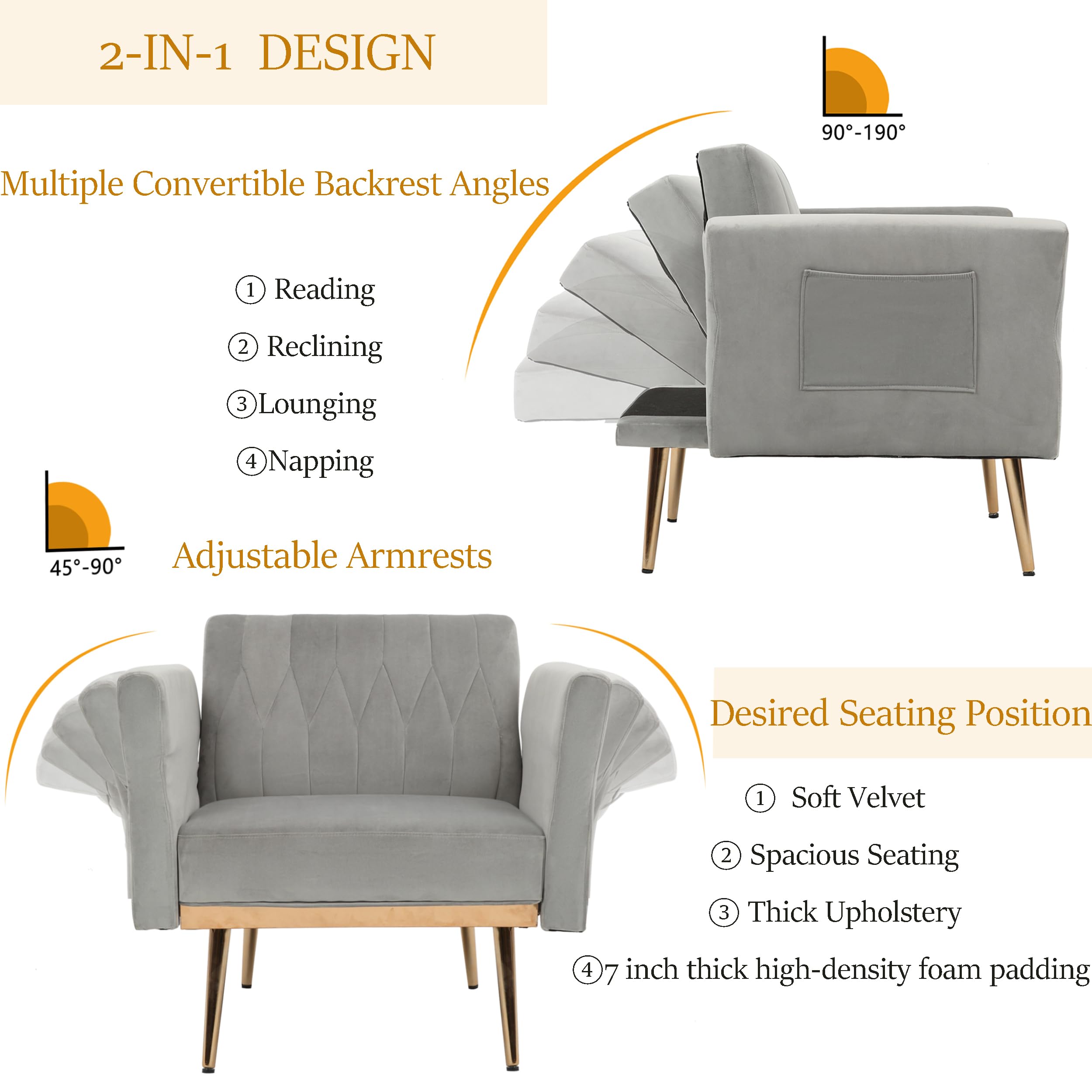 Modern Velvet Chaise Lounge Chair with 3 Reclining Positions - Convertible Recliner to Bed, Adjustable Futon Sofa Sleeper for Living Room, Bedroom, Apartment, Dorm & Office - Soft Grey Velvet Upholstery - Perfect for Lounging, Napping & Small Space Living