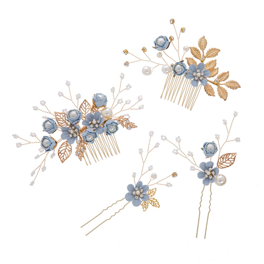 NUOBESTY 4 Pcs Rhinestone Crystal Floral Wedding Hair Comb Set - Bridal Hair Clips & Pins for Women, Hair Jewelry Accessories for Wedding, Prom, Party - Blue