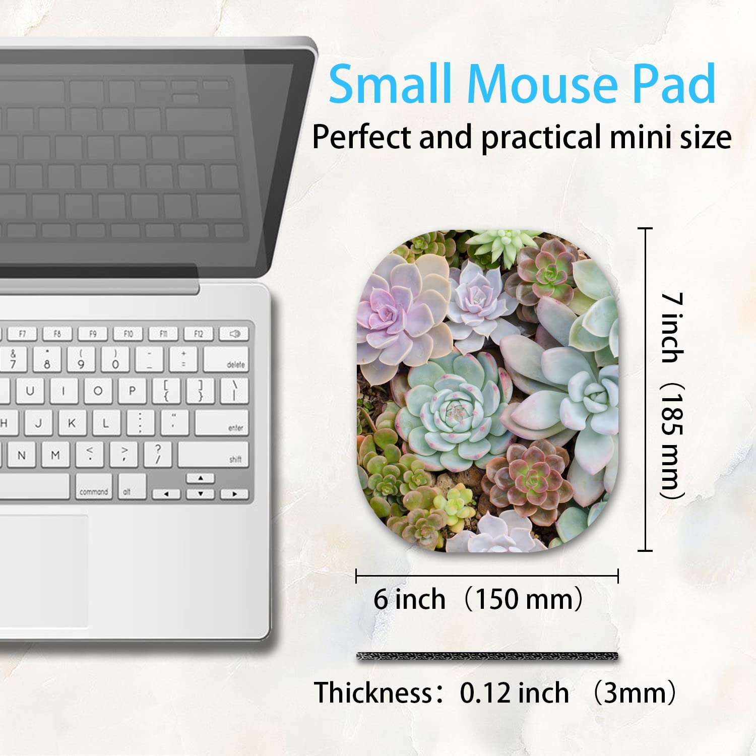6 x 7 Inch Small Mouse Pad for Laptop - Non-Slip Rubber Base, Waterproof Mouse Mat with Succulent Design - Perfect for Office, Home & Travel Use with Wireless Mouse