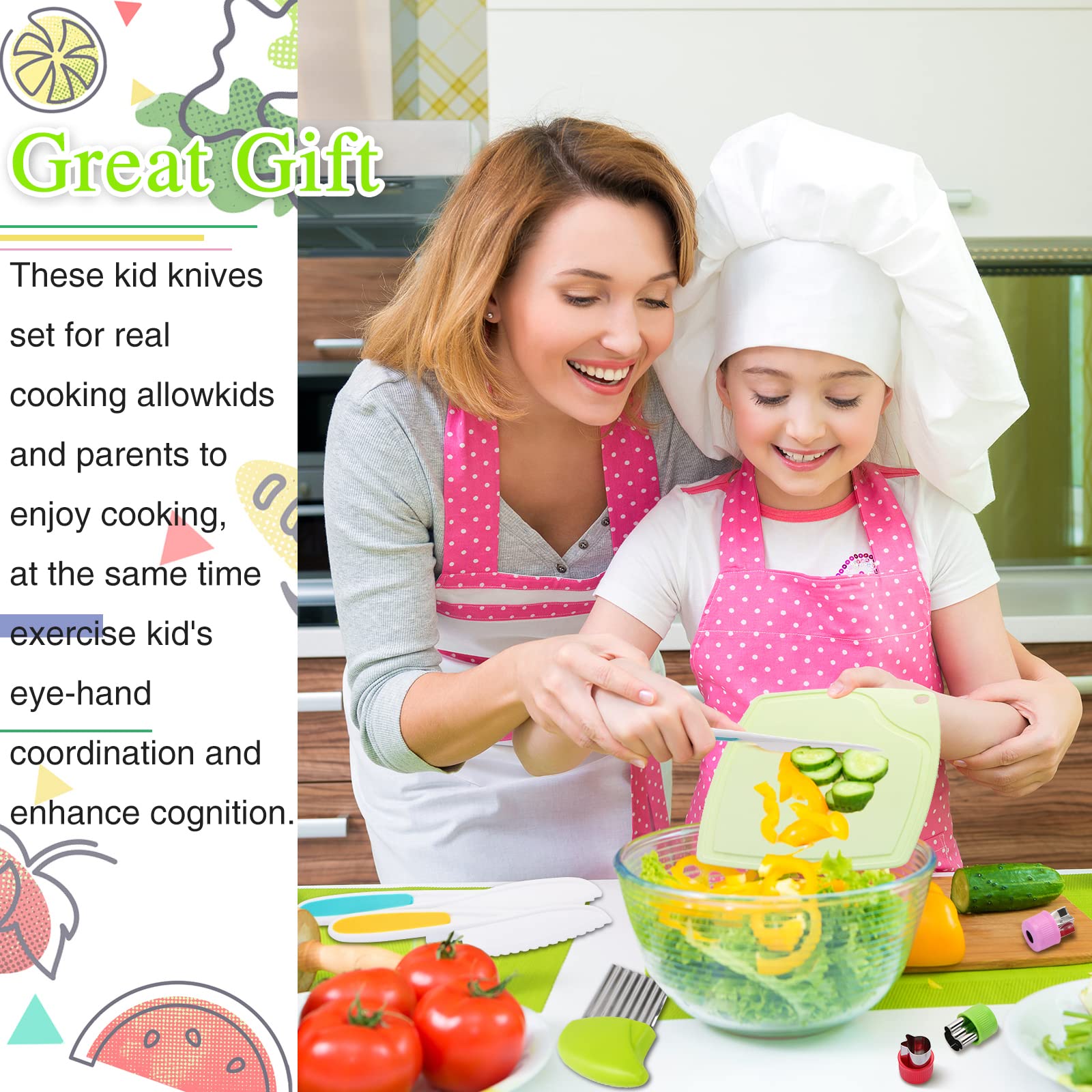 11-Piece Kids Kitchen Knife Set - Wooden Safe Knives for Real Cooking with Serrated Edges | Toddler Cooking Utensils & Tools | Includes Plastic Knife, Potato Slicers & Cutting Board | Perfect for Early Cooking Lessons & Family Meal Prep