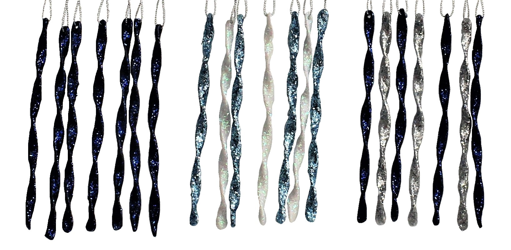 7 Pack Glitter Icicle Christmas Tree Ornaments - Navy, Turquoise, White & Silver - Perfect for Holiday Decor, Party Favors & DIY Crafts