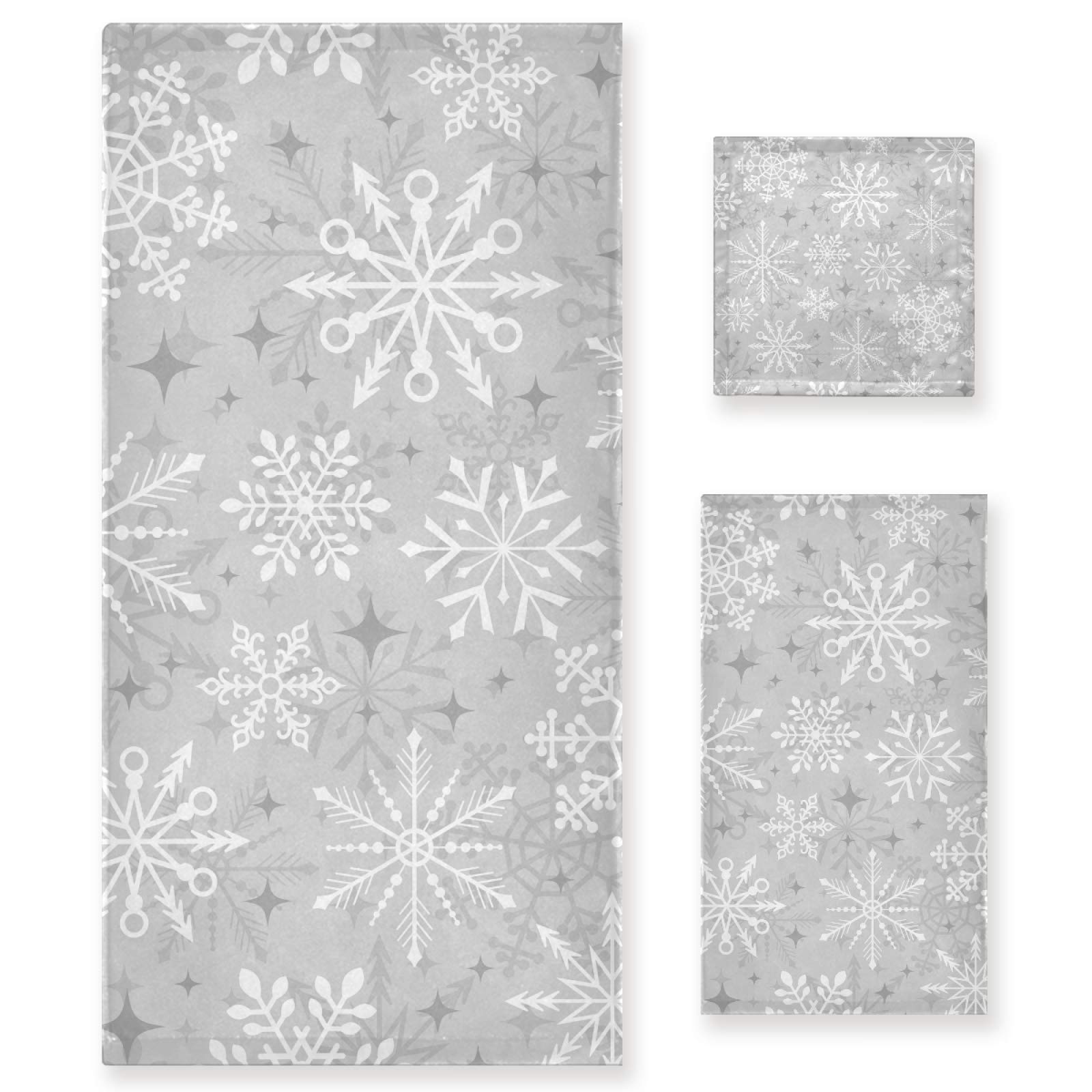 ALAZA Christmas Silver Snowflake Bath Towel Set - 3-Piece Soft Highly Absorbent Towels (1 Bath, 1 Hand, 1 Washcloth) for Bathroom, Kitchen, Beach, Gym & Spa - Holiday Home Decor & Gift Idea