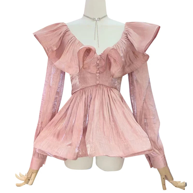 Elegant Apricot Patchwork Ruffles Tunic Top for Women - V Neck Long Sleeve Korean Style Blouse | Perfect for Office Wear, Date Nights & Casual Outfits