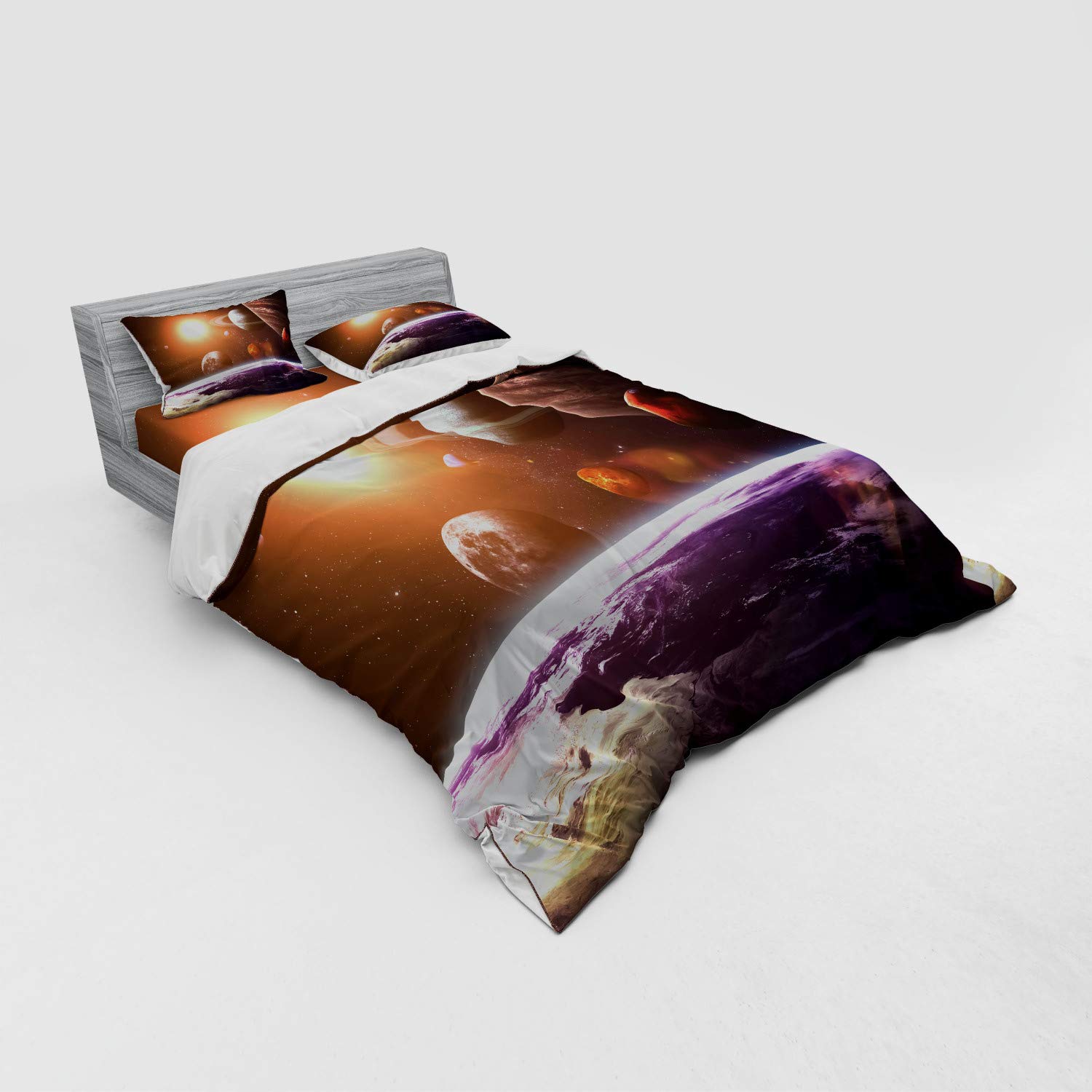 Ambesonne Galaxy Bedding Set Queen Size - 4 Piece Space Themed Duvet Cover with Shams & Fitted Sheet - Planets, Sun & Moon Design in Magenta Orange - Perfect for Astronomy Lovers & Science Themed Bedrooms
