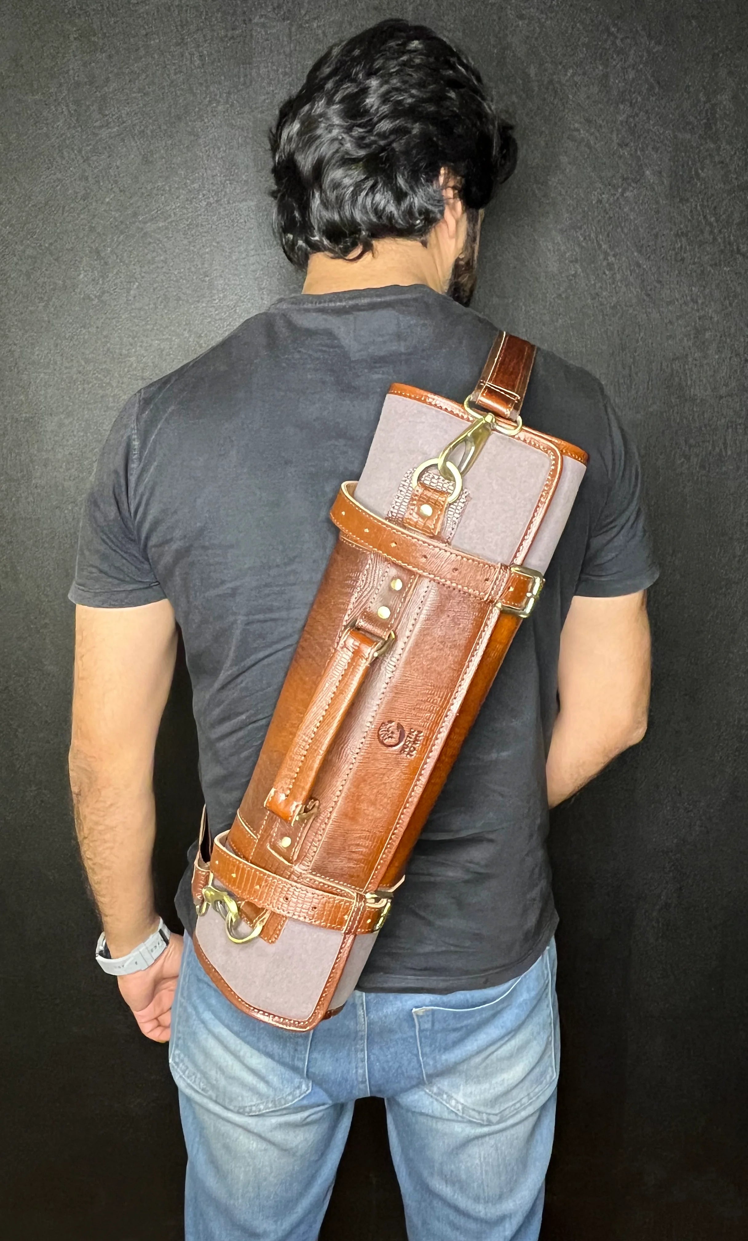 Premium Leather & Canvas Knife Roll Storage Bag for Chefs - Chocolate Grey - Ideal for Professional Kitchens, Culinary Schools & Home Cooking