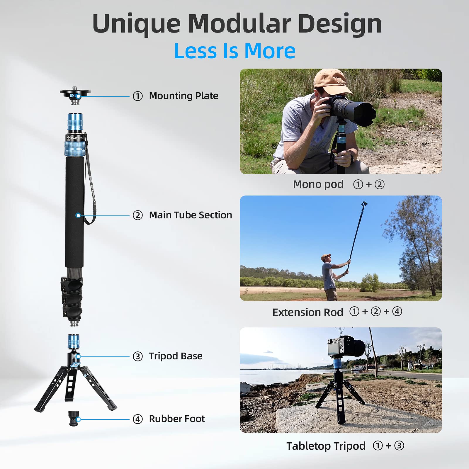 SIRUI P-424FS 169.5cm Carbon Fiber Camera Monopod with Removable Tripod Base & VH-10 Fluid Head - Supports DSLR, Camcorder up to 12kg - Perfect for Travel, Outdoor Photography & Video Shooting