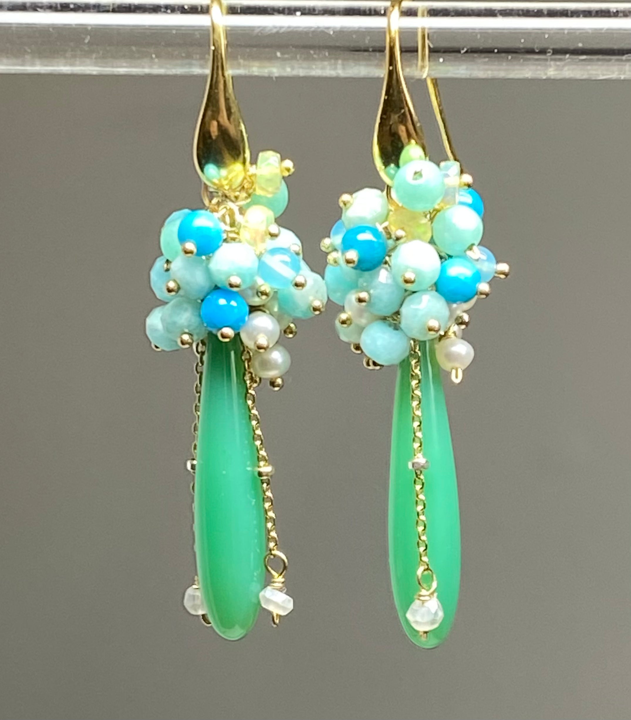 Green, Turquoise, Opal, Amazonite, Pearl Cluster Earrings in Gold - Elegant Dangle Earrings for Women, Perfect for Weddings, Parties & Special Occasions