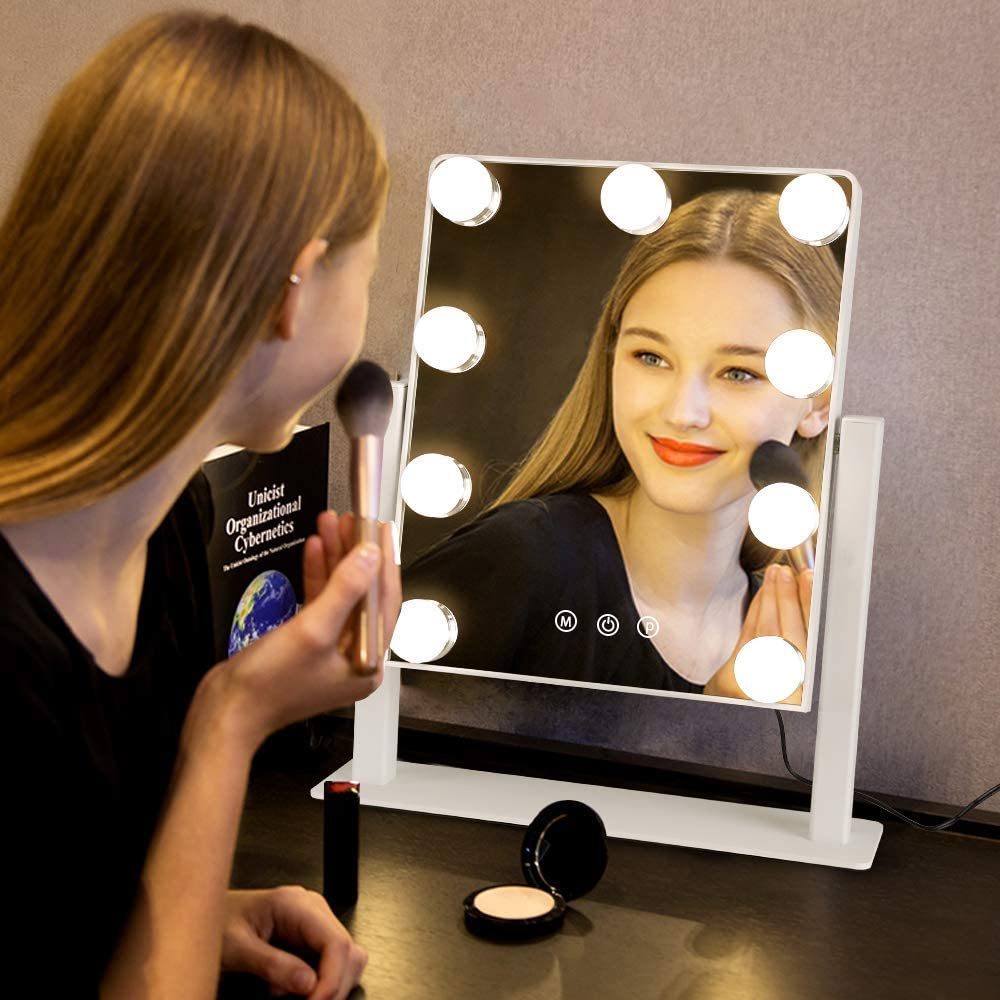 Depuley 14 x 12 Inch Hollywood Vanity Mirror with Lights - 10X Magnification, 9 Dimmable LED Bulbs, Touch Screen & 360° Rotation - White Makeup Mirror (35 x 30 cm) for Bedroom, Dressing Room & Beauty Salon