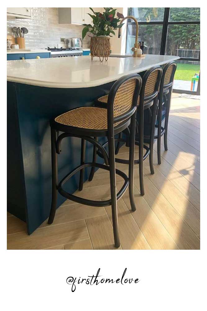 Chez Pitou Black Wood & Woven Cane Bar Stool - Modern Kitchen Island & Counter Height Stool for Dining & Home Decor