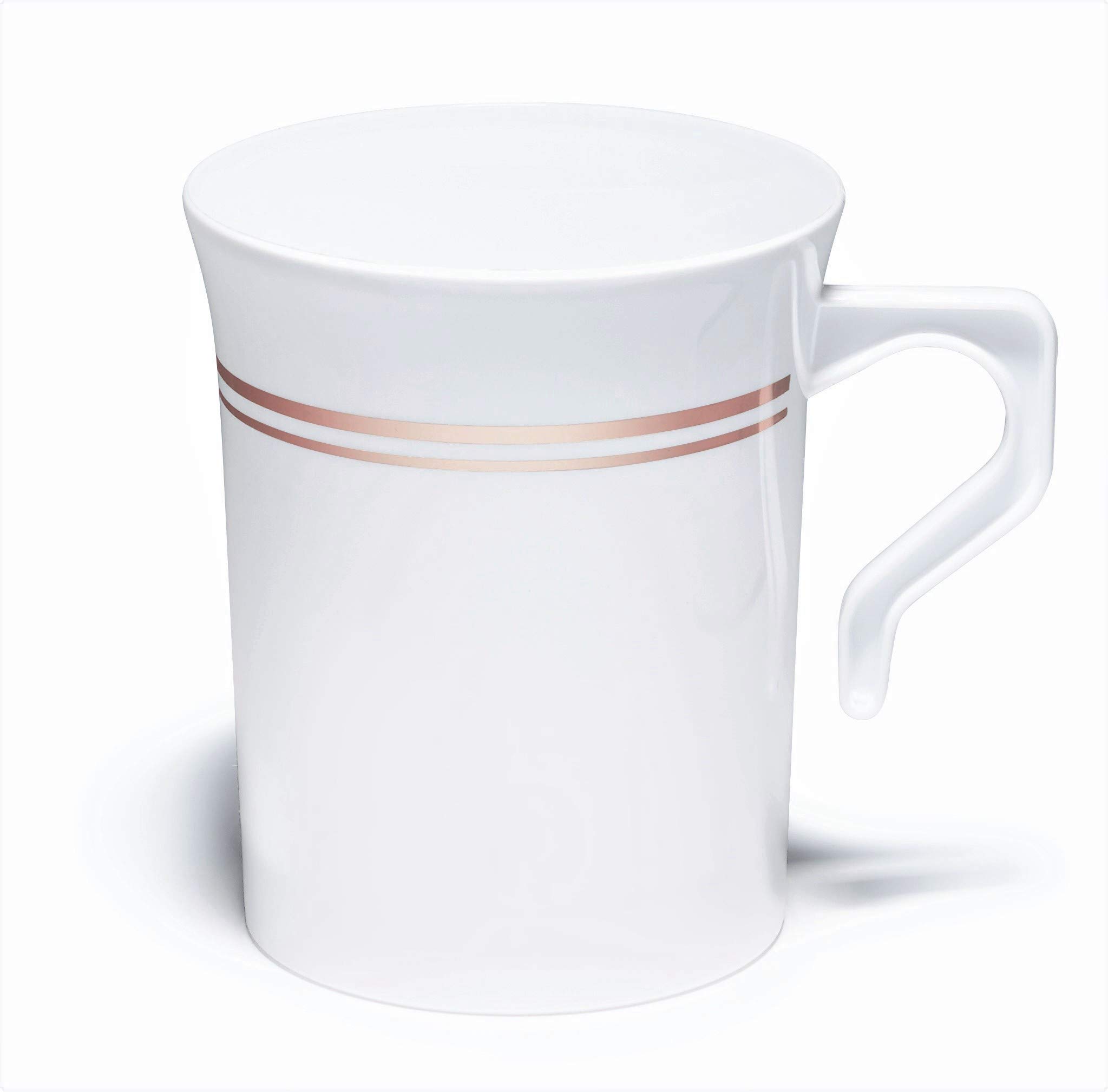 240-Pack Heavyweight Disposable 8 oz Plastic Coffee Cups with Handles - Wedding, Party, Cafe Drinkware (White & Rose Gold Rim) - Perfect for Bridal Showers, Office Events & Catering Services