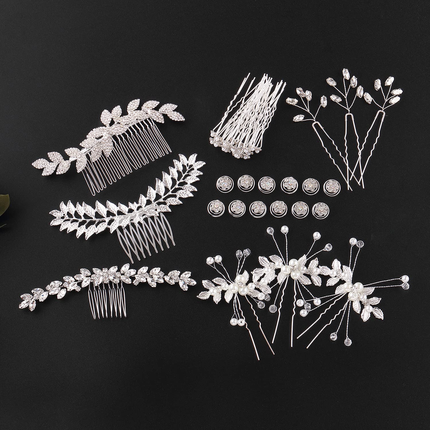 Sparkly Silver Rhinestone Leaf Flower Pearl Hair Combs & Pins Set - 41 Pack Bridal Hair Accessories for Women, Girls, Brides & Bridesmaids - Perfect for Weddings, Proms, Parties & Special Occasions