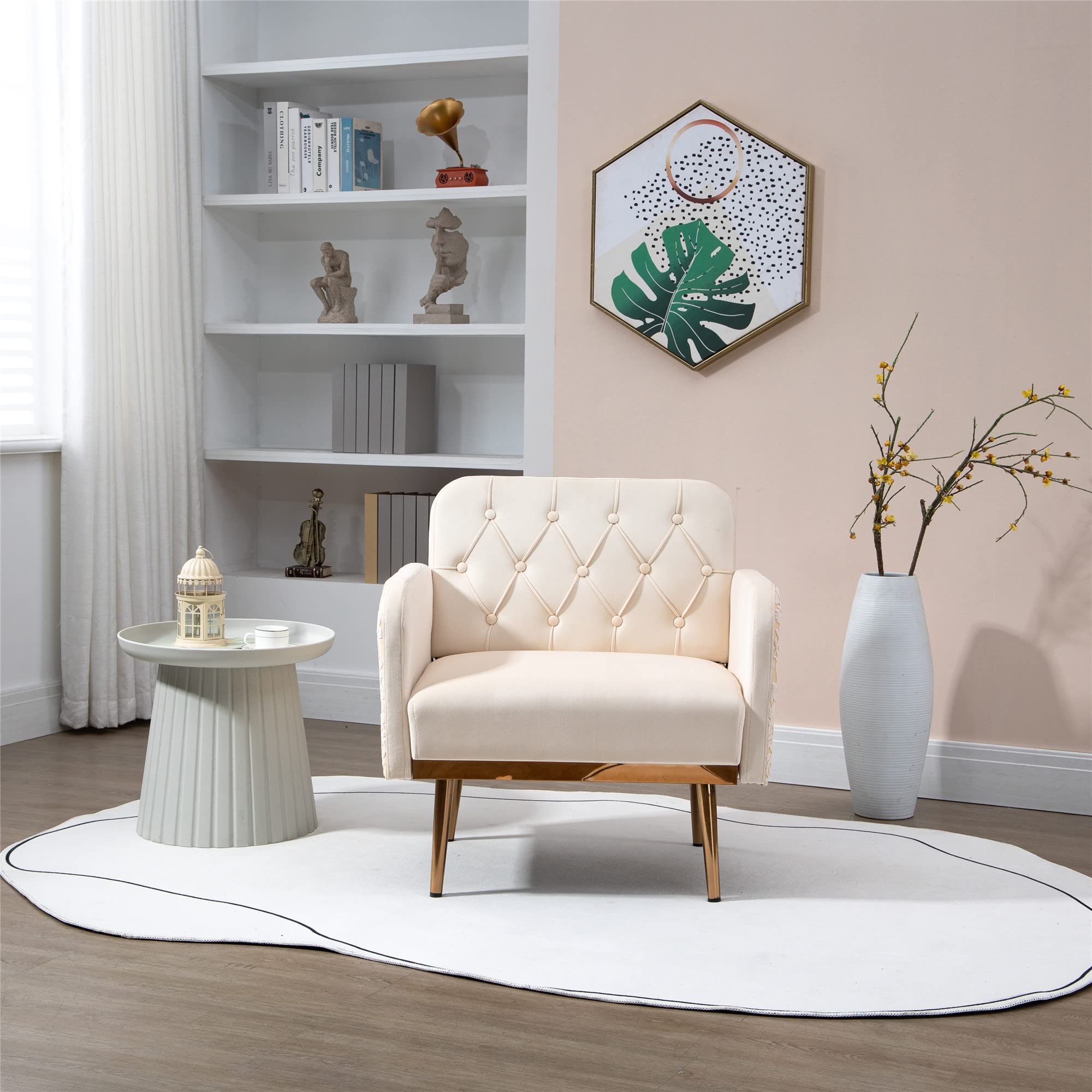 Modern Fabric Accent Chair with Buckle Decoration - Gold Legs Single Sofa for Living Room, Small Space Office & Reading Nook - Easy Assembly Armchair (Type B, Beige) | Perfect for Apartments, Dorms & Cozy Home Decor