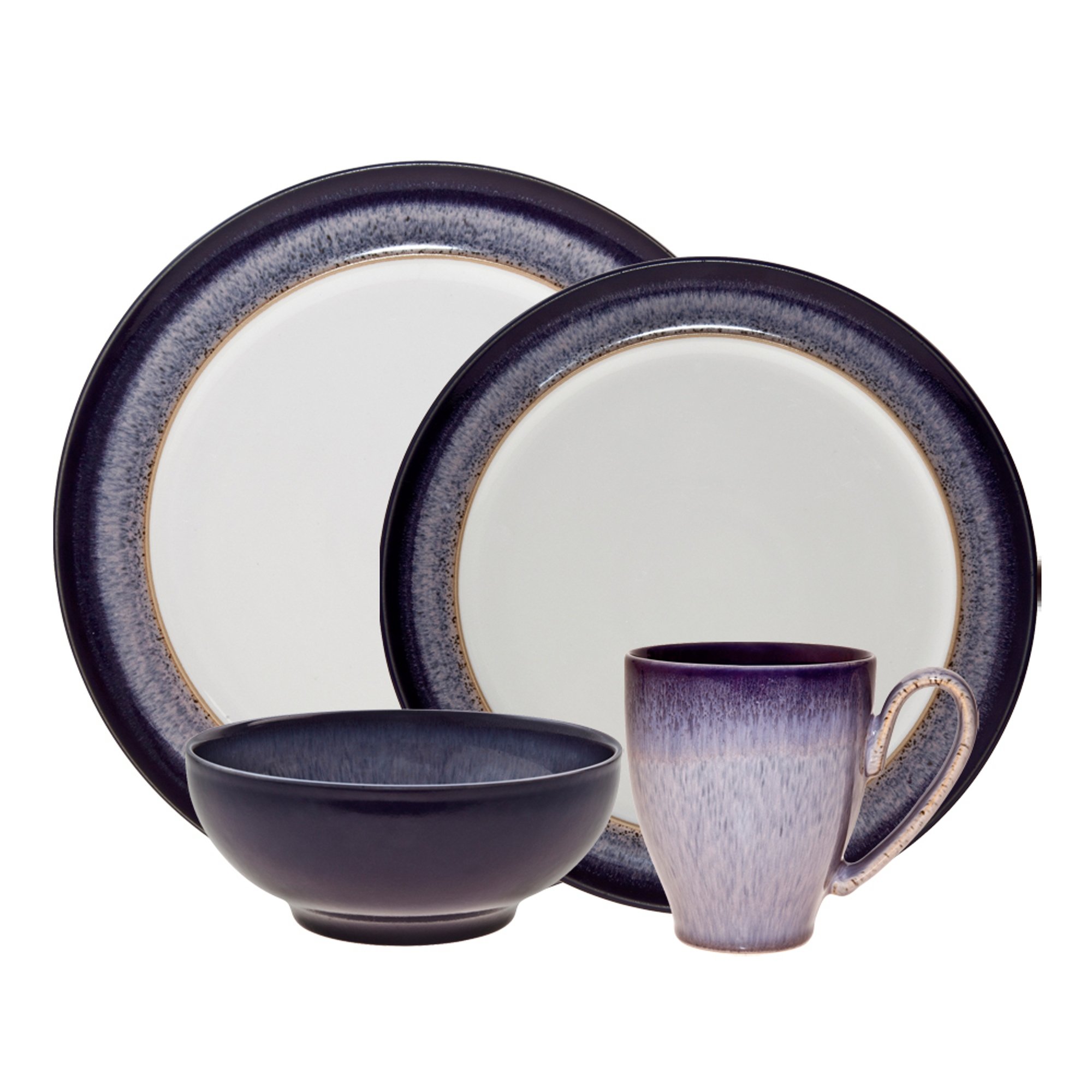 Denby Heather 4-Piece Dinner Plate Set - Elegant Blue Stoneware for Formal Dining & Entertaining | Includes Dinner Plate, Salad Plate, Bowl & Mug | Dishwasher & Microwave Safe