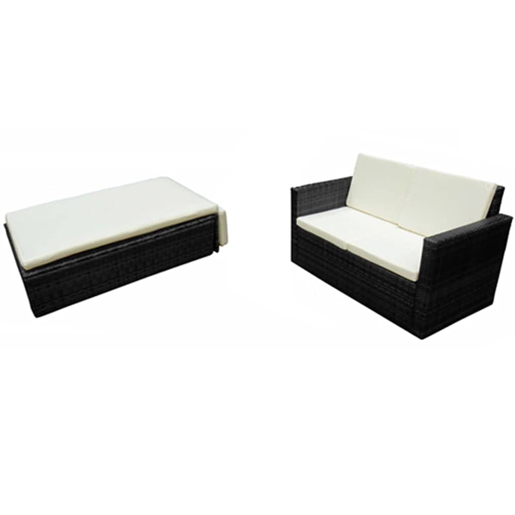 2-Piece Black Poly Rattan Garden Lounge Set with Cushions - Outdoor Patio Furniture Sofa & Conversation Set for Backyard, Deck, Poolside Relaxation