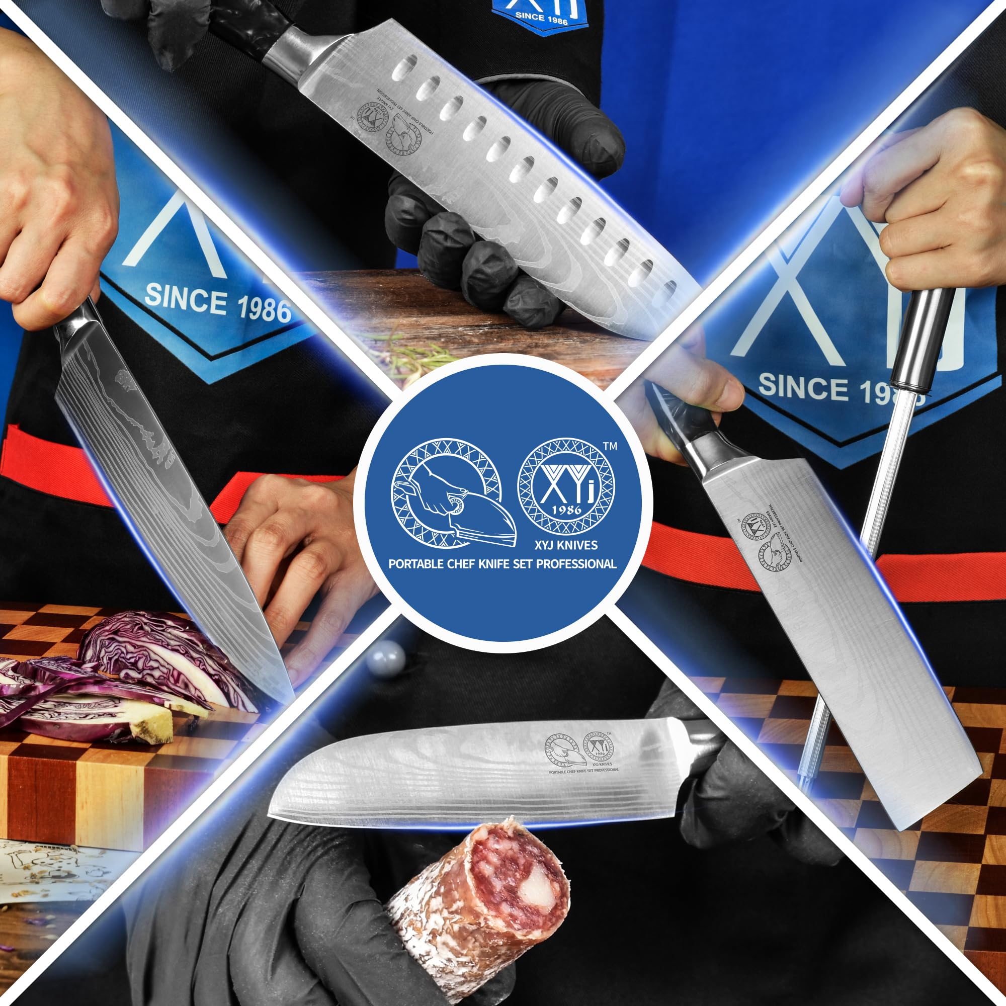XYJ Authentic Japanese Chef Knives Set Since 1986 - 8-Piece Stainless Steel Kitchen Knives with Roll Bag & Sheaths - Professional Santoku, Paring, Slicing Knives for Cooking - Ergonomic Handle for Comfort - Perfect for Home Chefs & Culinary Enthusiasts