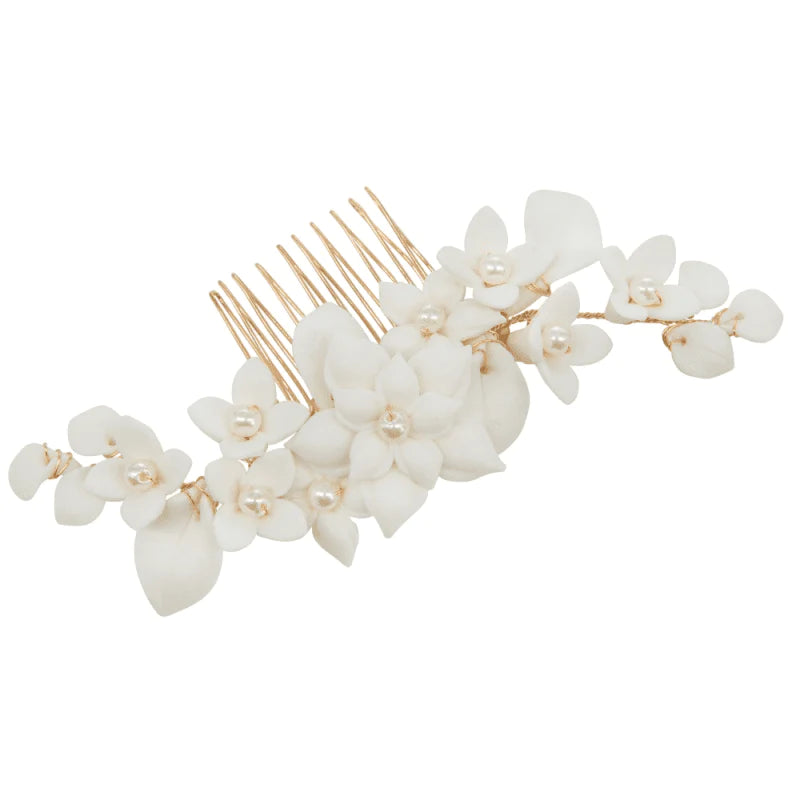 Elegant Ivory Floral Hair Comb with Pearls for Brides - Perfect for Weddings, Prom & Special Occasions