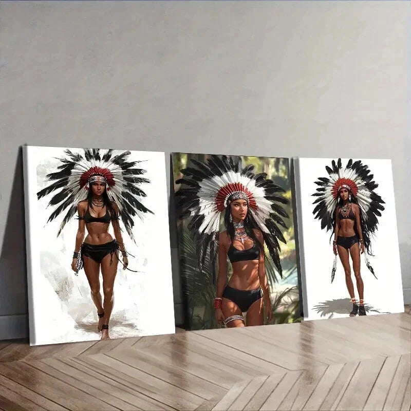 3PCS Indian Girls Feathered Headdress Wall Art Set - 50x70cm Framed Canvas Prints - High Quality Australian Made Home Decor - Perfect for Living Room, Bedroom & Office Wall Decor