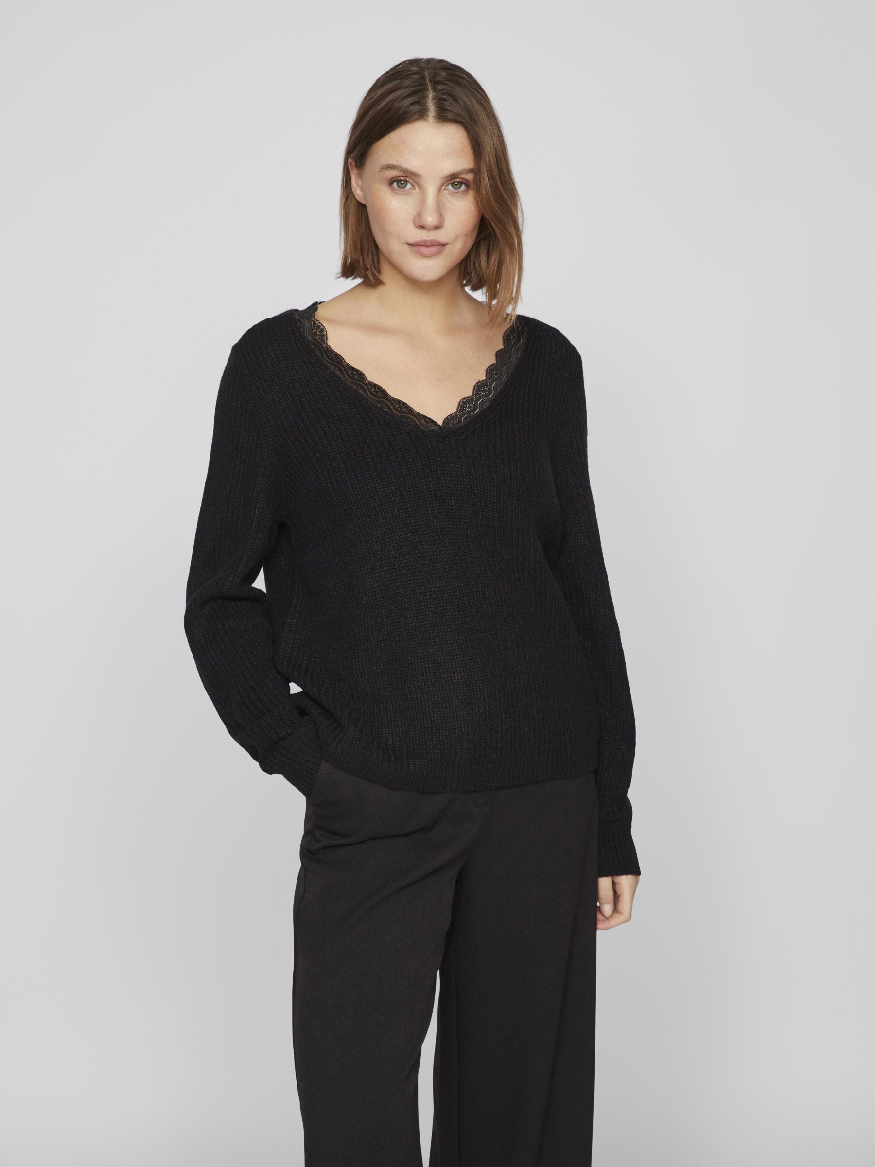 Elegant Lacy V-Neck Jumper Sweater for Women - Soft & Comfortable Black Knit Pullover - Perfect for Date Night, Office Wear & Casual Outings