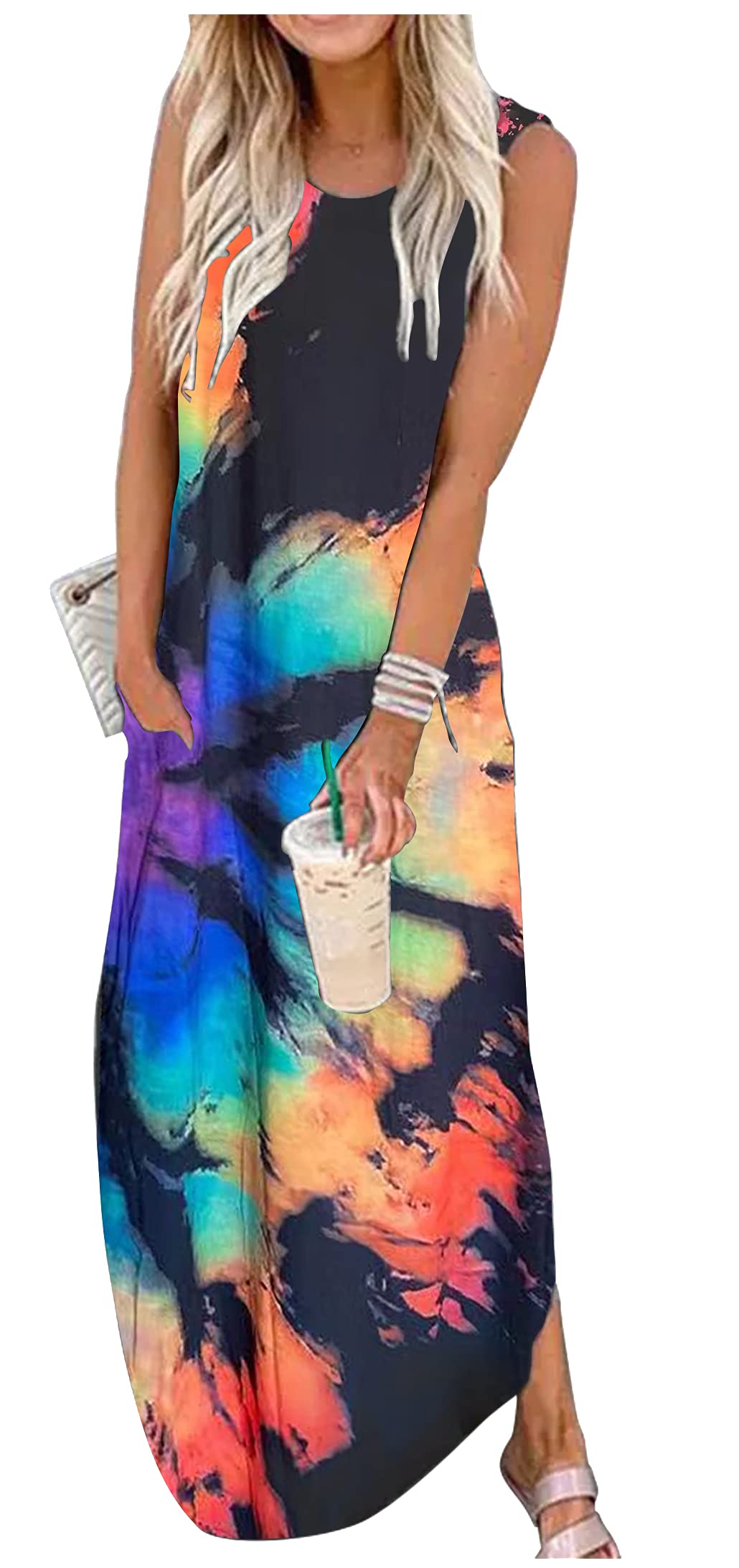 Women's Rainbow Graphics Summer Dress - Sleeveless Maxi Dress with Pockets, Hawaiian Beach Tank Dress, Plain Shirt Dress for Vacation, Pool Party & Casual Outings