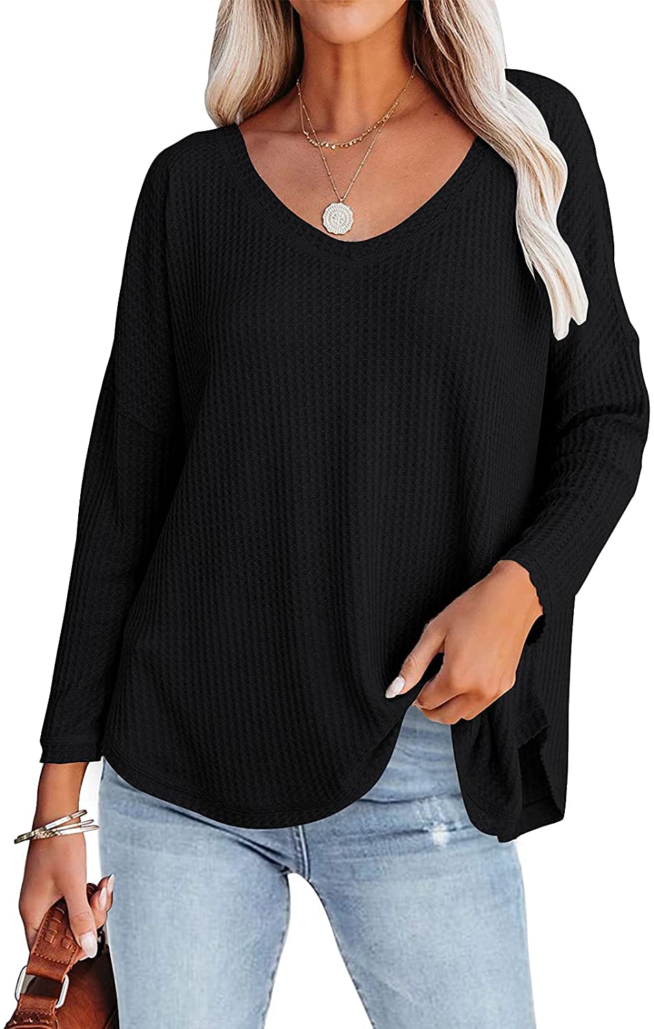 Lilychan Women's V-Neck Waffle Knit Short Sleeve Blouse - Summer Casual Loose Tunic Top for Beach, Office & Everyday Wear