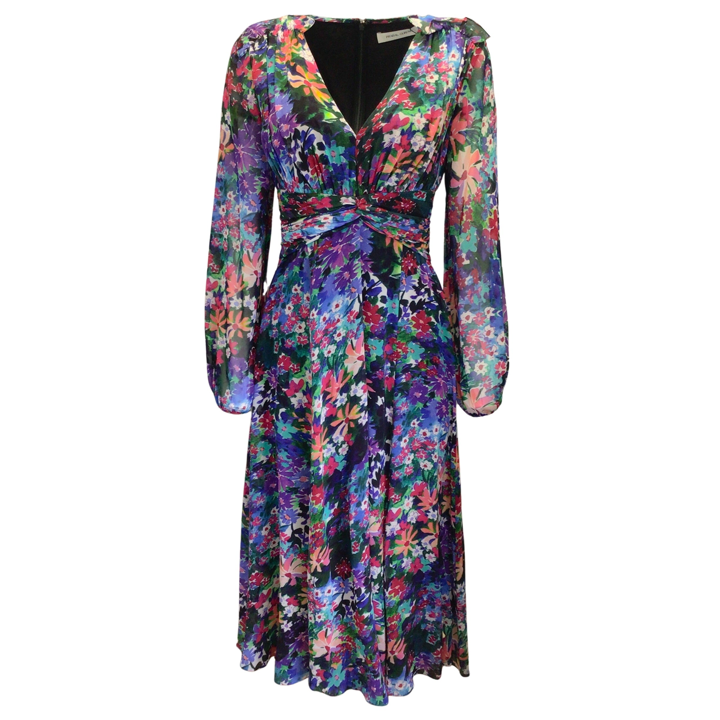Prabal Gurung Audra Purple Multi Floral Print Long Sleeve V-Neck Silk Midi Dress for Women | Elegant Evening Party & Wedding Guest Outfit