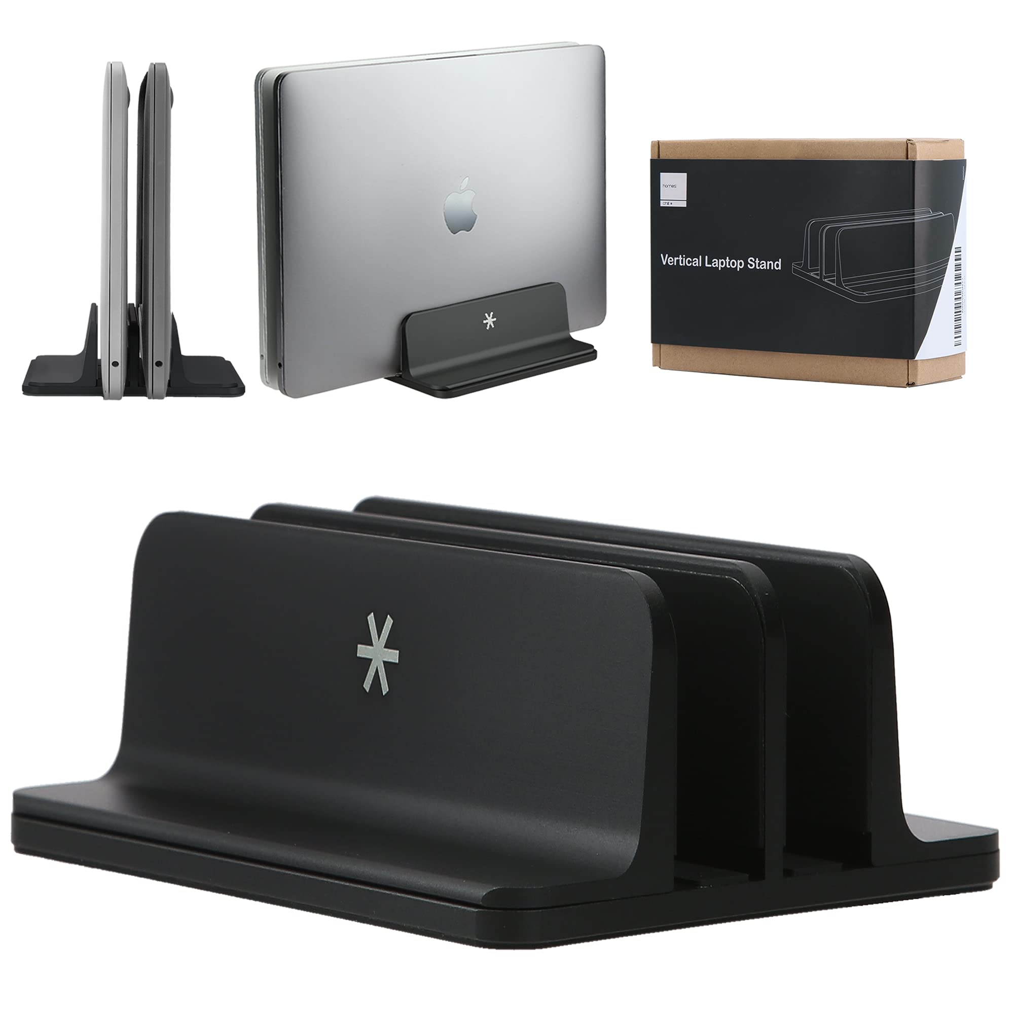 Adjustable Dual Slot Vertical Laptop Stand - Aluminum Black Portable Holder for Asus, Chromebook, Dell, HP, MacBook, Razer, Samsung & Surface - Perfect for Desk Organization & Space Saving in Home Office or Workspace