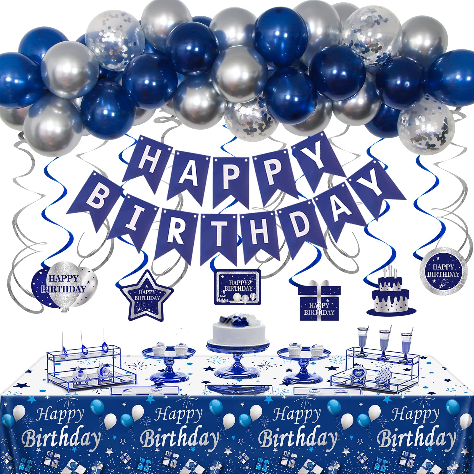 Blue and Silver Birthday Party Decorations for Men & Women - Happy Birthday Banner, Balloons, Tablecloths & Hanging Swirls - Perfect for Boys & Girls Birthday Celebrations at Home or Events