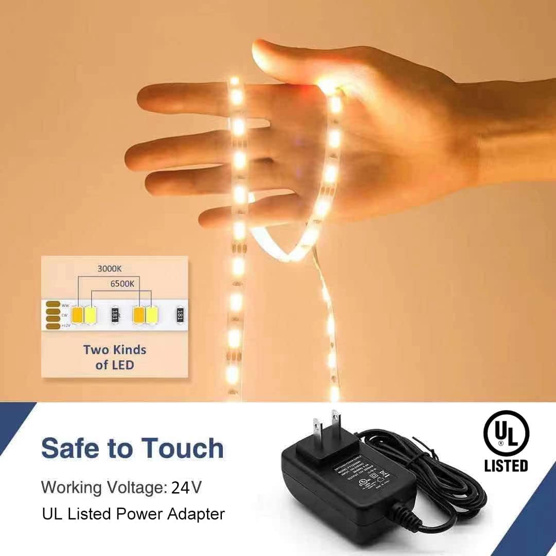 26ft Dimmable White LED Strip Lights 24V 3000K-6500K with Remote - Flexible 2835 LED Tape for Kitchen, Under Cabinet, Bedroom, Mirror - Indoor Home Lighting (Daylight & Warm White) - Perfect for Accent Lighting, Home Decor & DIY Projects