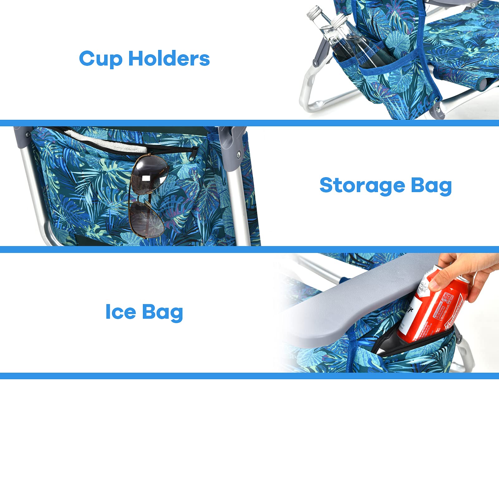 Goplus Folding Backpack Beach Chair for Adults - 5-Position Recliner with Head Pillow, Cooler Bag, Towel Bar & Cup Holders - Portable Sunbathing Lounge Chair for Beach, Poolside, Camping & Outdoor Relaxation