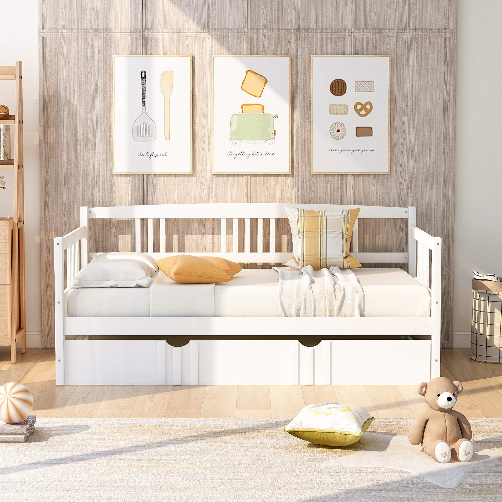Twin Size Wood Daybed with Trundle - Solid Wood Frame, No Box Spring Needed - Perfect for Bedroom, Guest Room & Small Spaces (White, Twin)