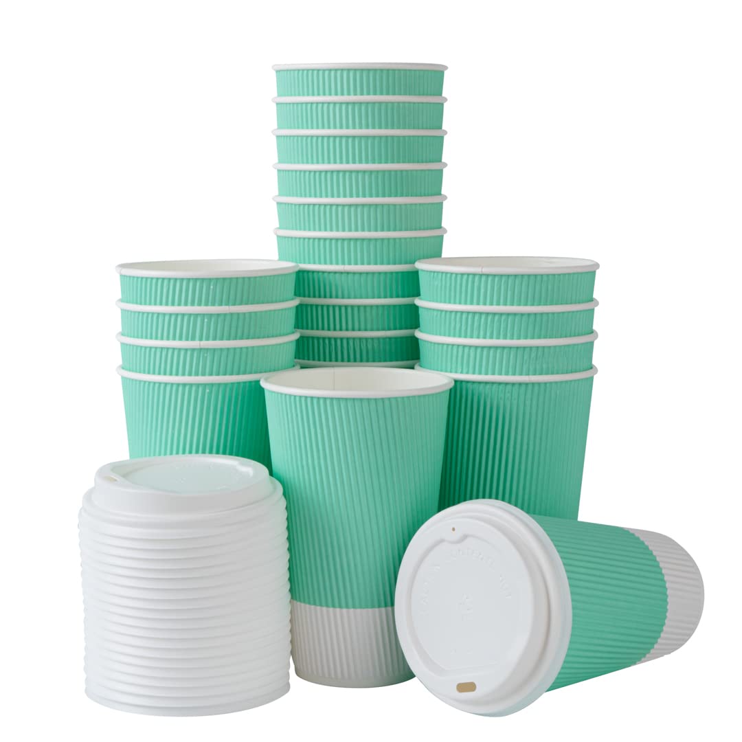 16oz Insulated Paper Coffee Cups with Lids (200 Pack) - Leakproof, Non-Slip, Eco-Friendly Disposable Hot Cups for Coffee, Tea, Hot Chocolate & Lattes - Perfect for Cafes, Offices & Catering Events