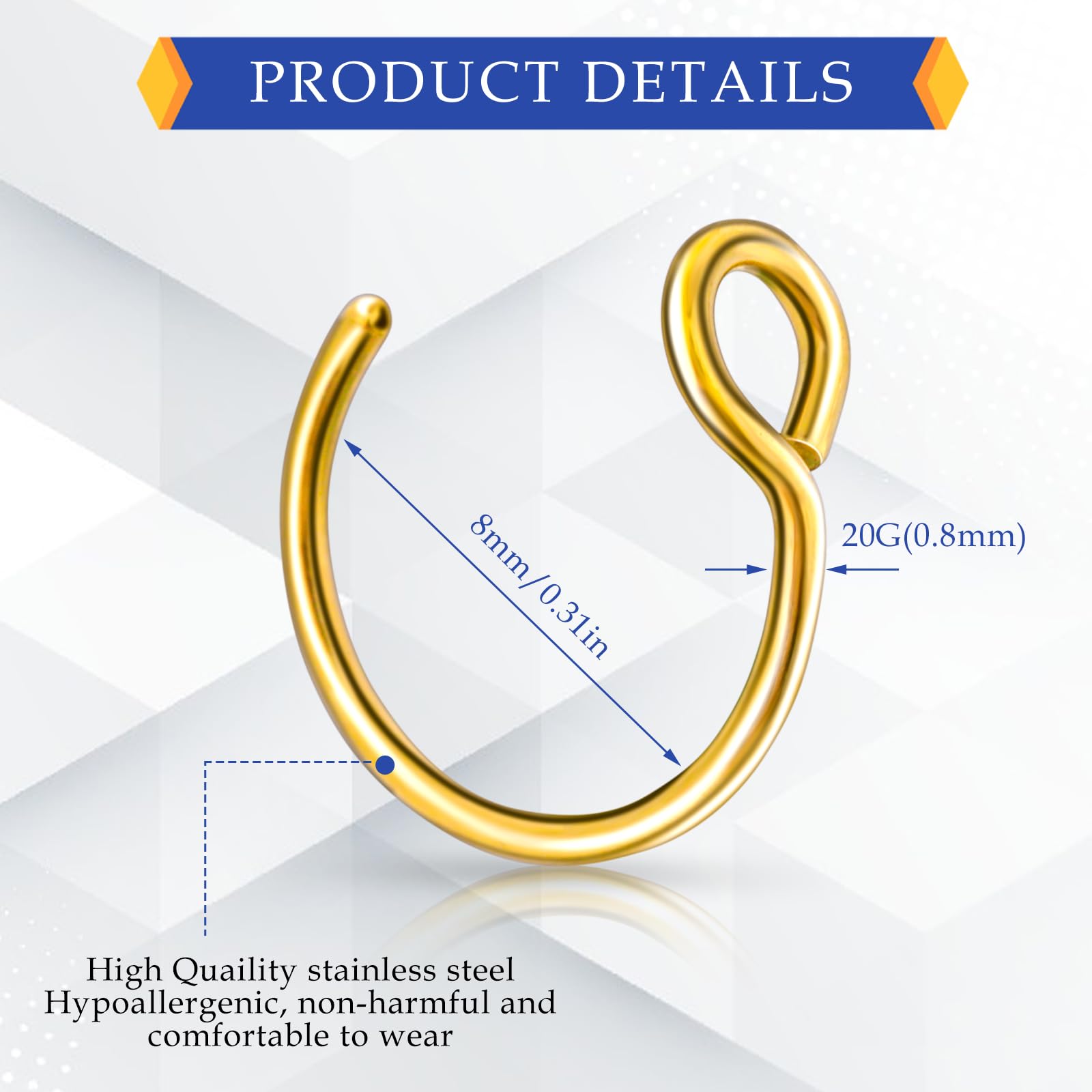 Lusofie 5 Pcs Fake Nose Rings - Clip On Nose Hoops & Fake Lip Piercing Jewelry for Women and Men - Perfect for Parties, Halloween Costumes, and Fashion Accessories