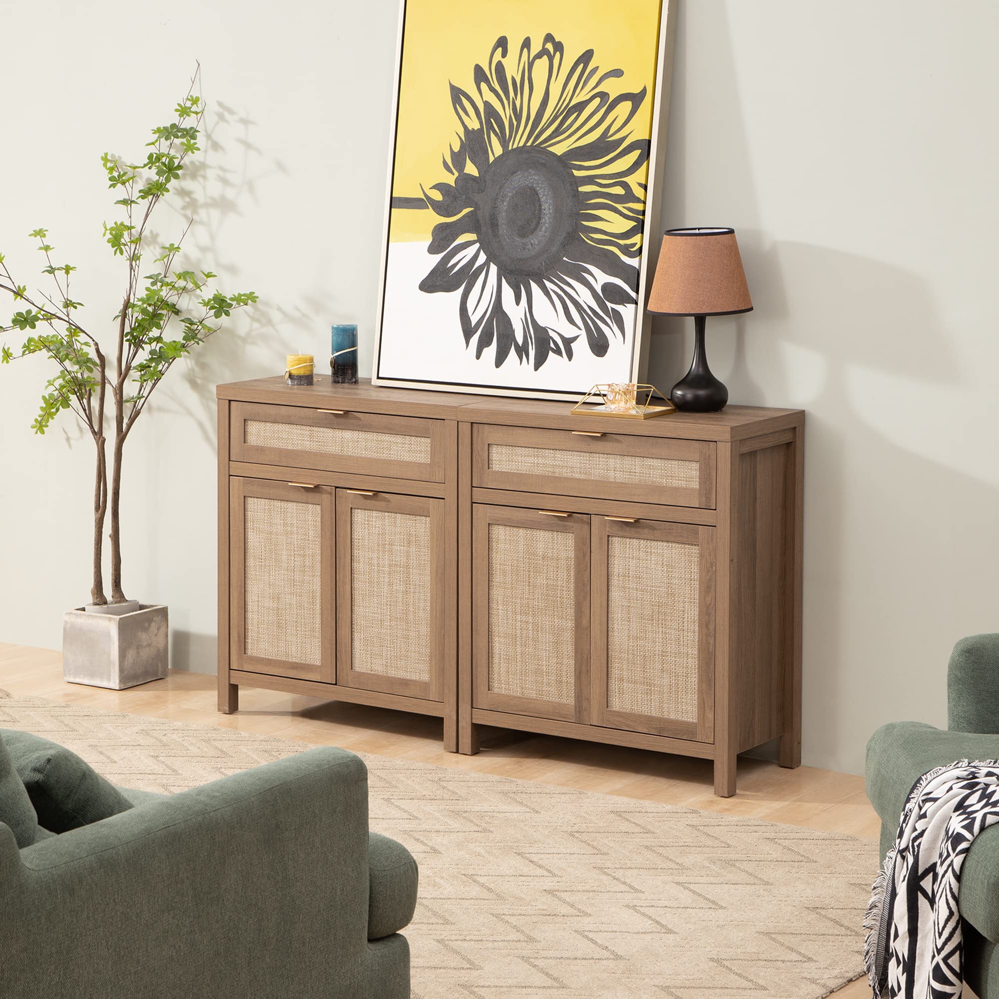 SICOTAS 2-Piece Rattan Sideboard Buffet Cabinet Set, Boho Farmhouse Credenza Storage with Drawers, Natural Oak Console Table for Coffee Bar, Entryway, Living & Dining Room - Perfect for Home Decor, Entertaining & Storage Solutions