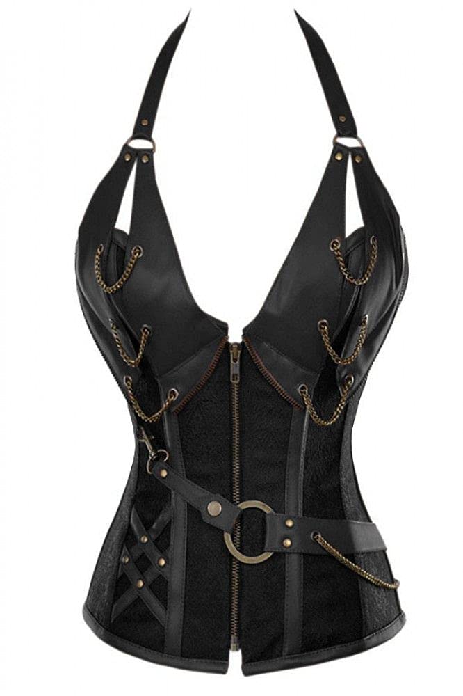 Steampunk Black Brocade Overbust Corset - Waist Training Bustier for Halloween & Cosplay | Victorian Gothic Lingerie for Costume Parties, Burlesque Shows and Steampunk Fashion