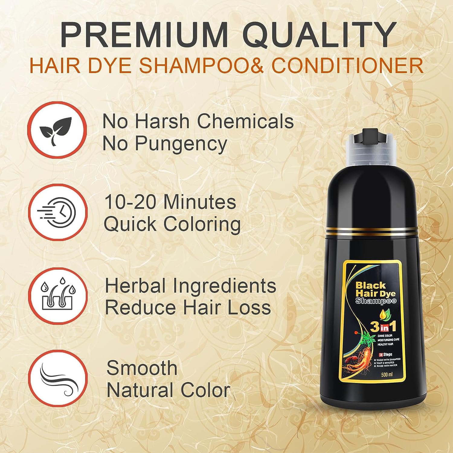 Lobe Miracle Herbal 3-in-1 Instant Black Hair Dye Shampoo for Women & Men - 500ml Natural Gray Hair Coverage in 15-20 Minutes | Herbal Hair Color Treatment for Quick Root Touch-Up & Full Head Coloring at Home