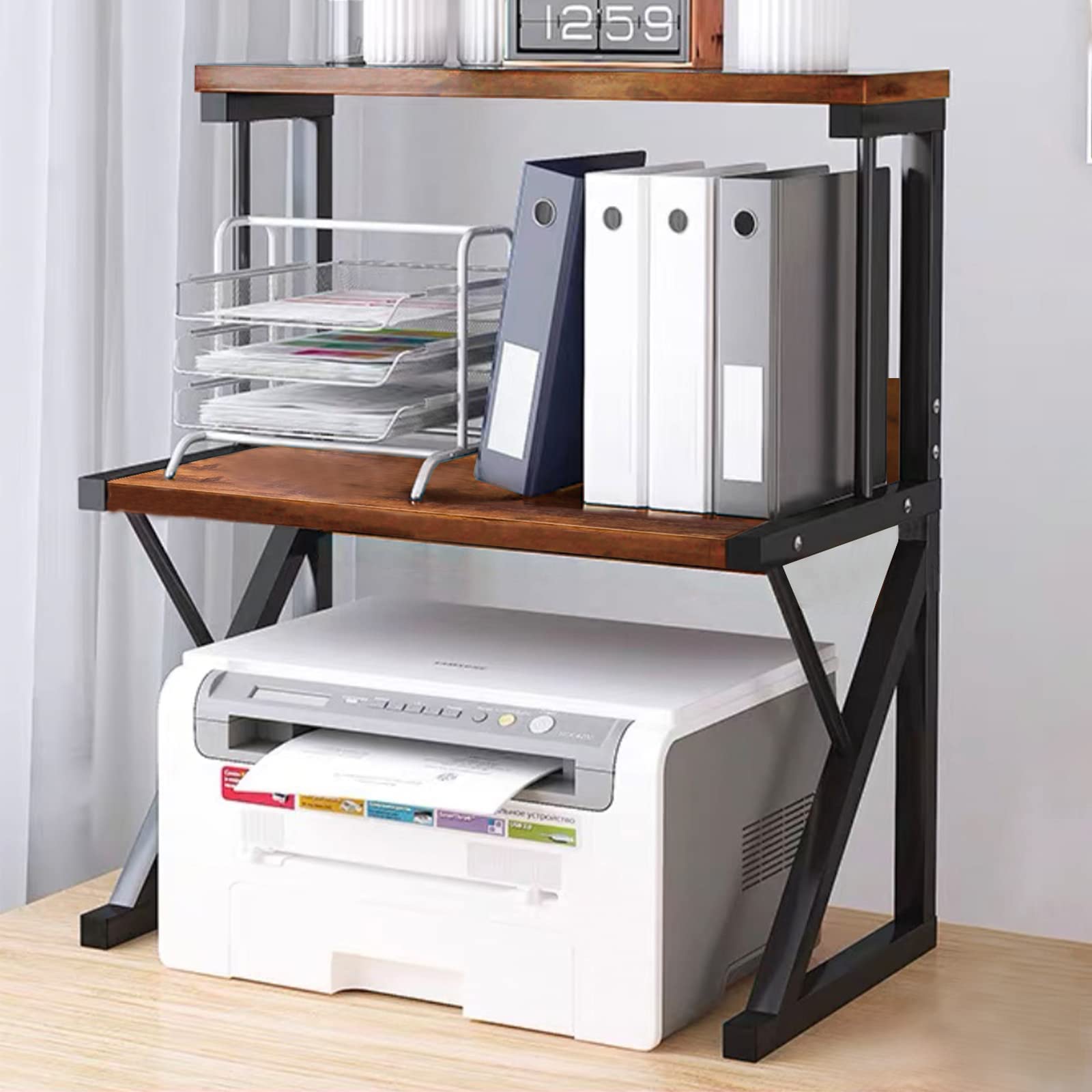 Aboxoo 3-Tier Rustic Brown Printer Stand for Desk - Multi-Purpose Office Shelf Organizer for Printer, Fax Machine & Books | Perfect for Home Office & Workspace Organization