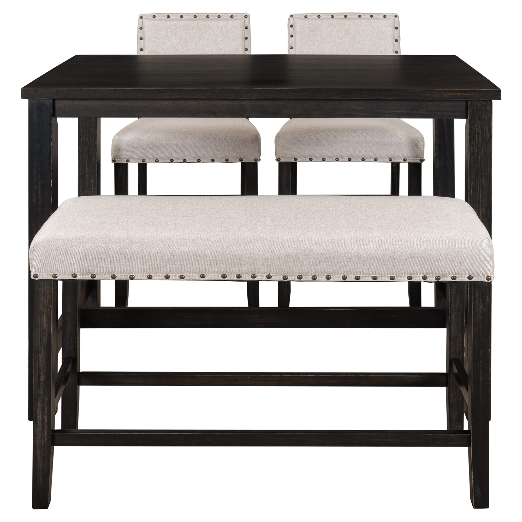 Rustic Quarte Wooden Counter Height Dining Set with 2 Upholstered Chairs & 1 Bench - Beige Kitchen Table for Small Spaces, Breakfast Nooks & Farmhouse Style Dining Rooms