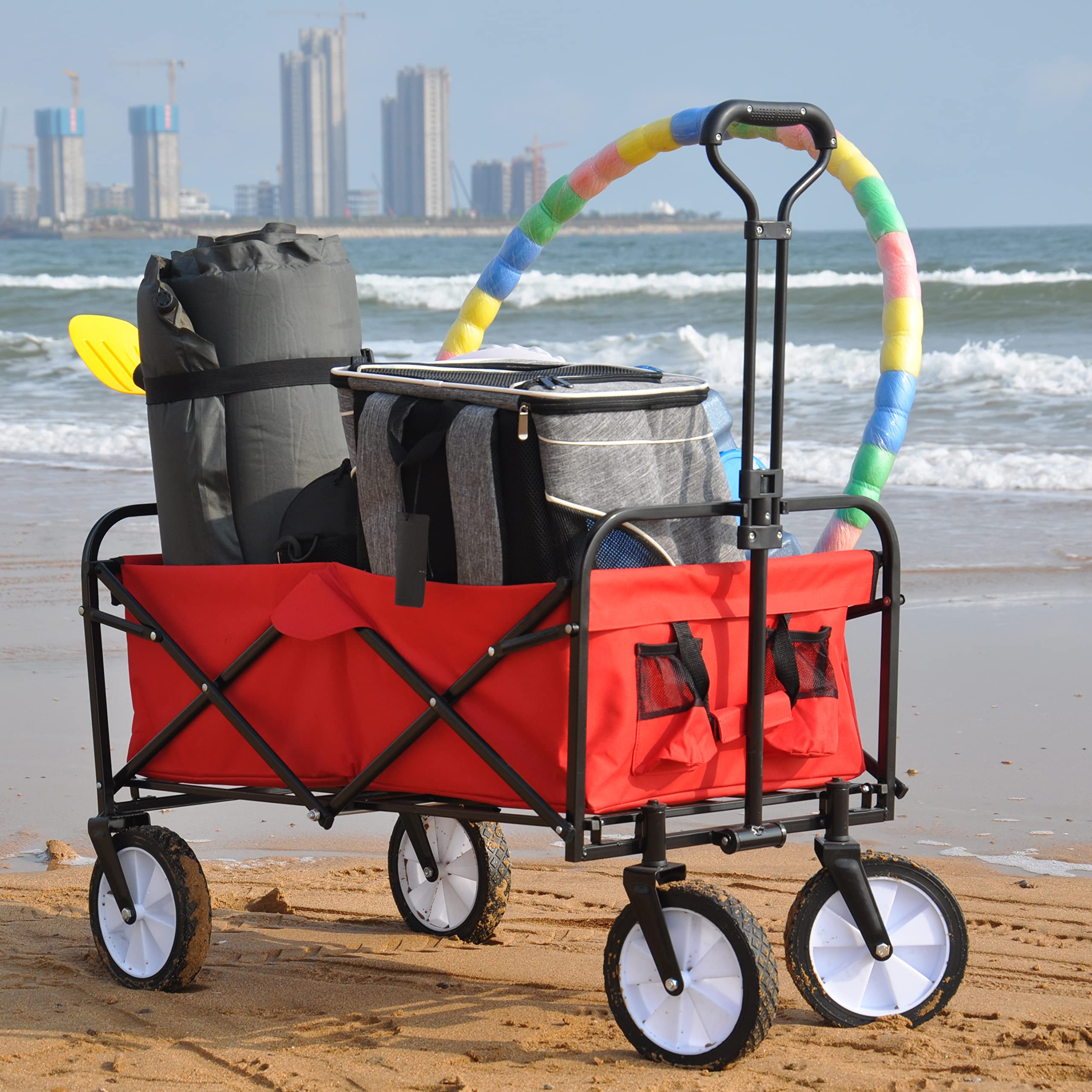 Foldable Utility Wagon Cart for Garden, Shopping, Beach & Outdoor Activities - Heavy Duty Collapsible Cart with All-Terrain Wheels (Red) - Perfect for Picnics, Camping, Groceries & Kids Gear Transport