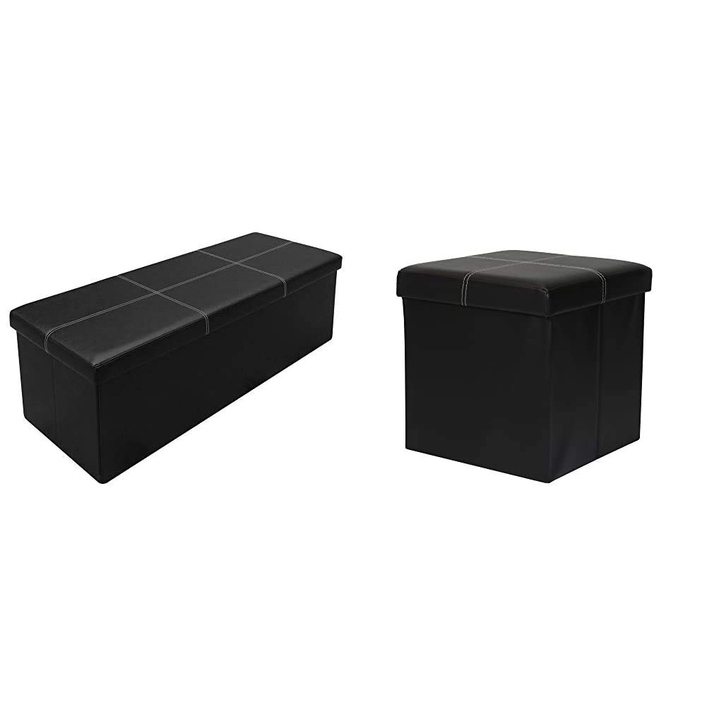 Otto & Ben 45 Inch Folding Toy Storage Box with Memory Foam Seat - Multi-Functional Ottoman Bench, Footrest Stool, and End Table in Faux Leather (Line Black) - Perfect for Living Room, Nursery, or Bedroom Organization