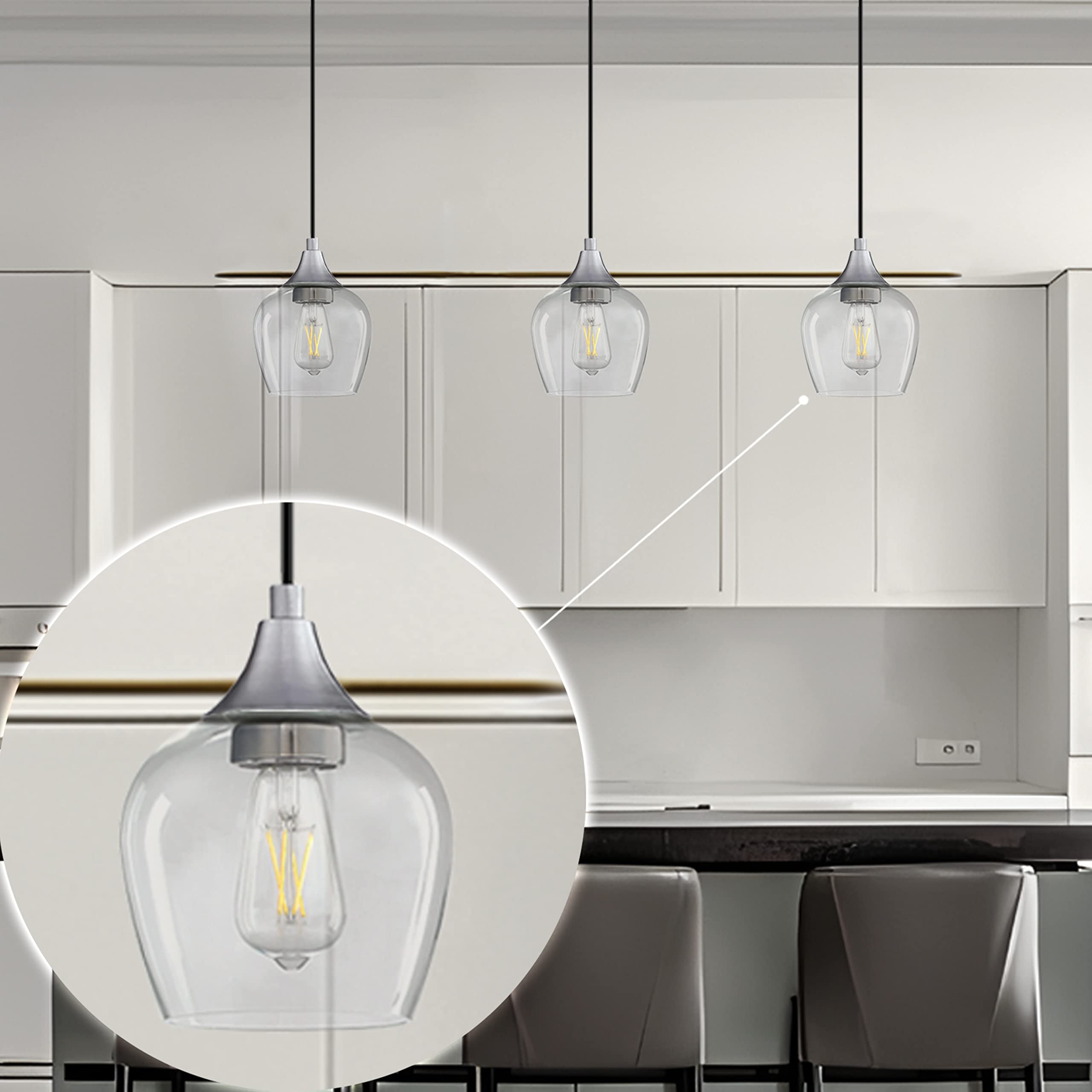 3 Pack Mini Hanging Pendant Lights - Brushed Nickel Finish with Clear Glass Shades for Kitchen Island, Dining Room & Bar | Modern Indoor Lighting Fixture for Home Decor