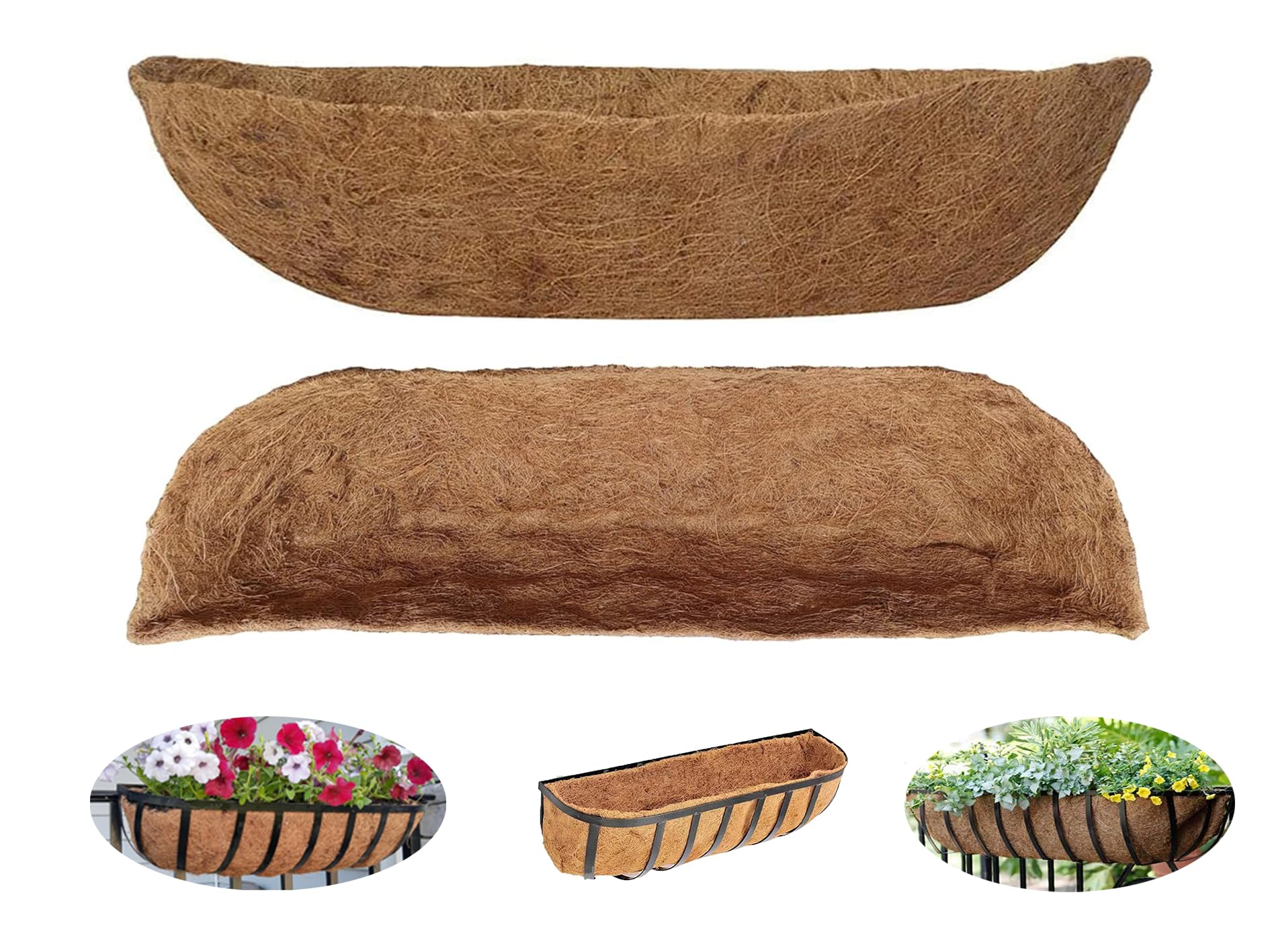 2 Pack 36 Inch Natural Coconut Coir Liners for Planters, Hanging Baskets & Window Boxes - Eco-Friendly Coco Fiber Liner Replacement for Metal Railing Baskets (100% Biodegradable) - Perfect for Indoor/Outdoor Gardening & Balcony Decor