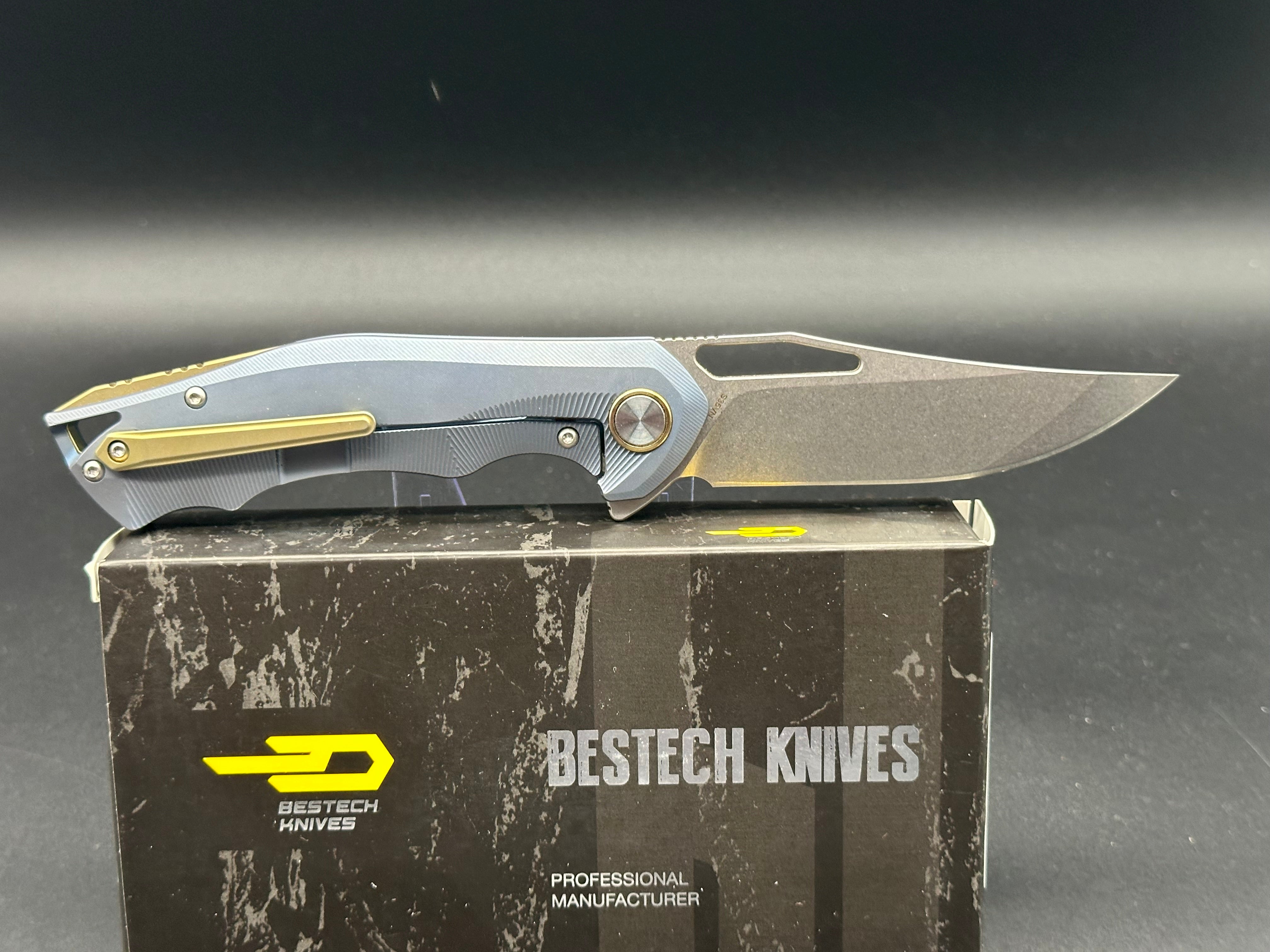 Bestech Tercel BT1708C Folding Pocket Knife - S35VN Stonewash Blade, Blue Titanium Koi Fish Handle - EDC, Outdoor Camping, Hunting & Survival Gear