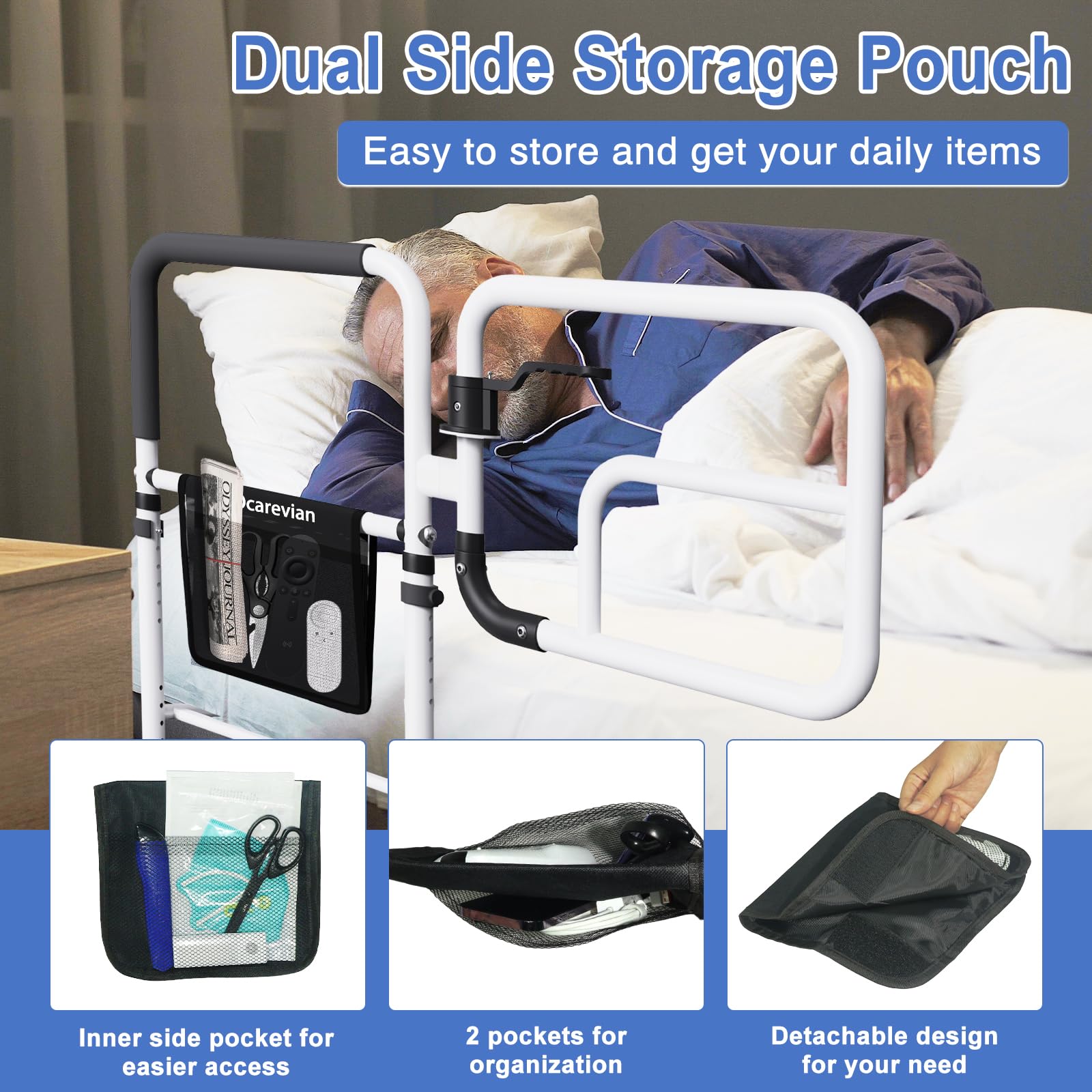 Elderly Bed Safety Rails for Adults & Seniors - Adjustable Bed Guard Rails with Storage Pouch for King, Queen, Full & Twin Size Beds - Perfect for Fall Prevention & Assisted Sleeping