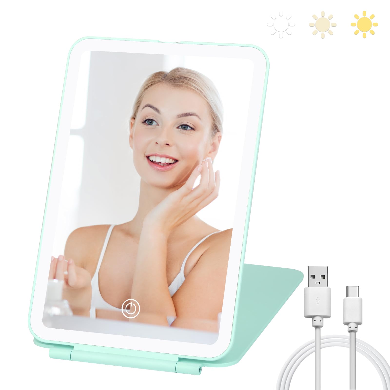 3-Color LED Travel Makeup Mirror with Adjustable Brightness - USB Rechargeable Folding Vanity Mirror - Ultra Thin Portable Cosmetic Mirror for Home, Hotel & On-the-Go (Green)