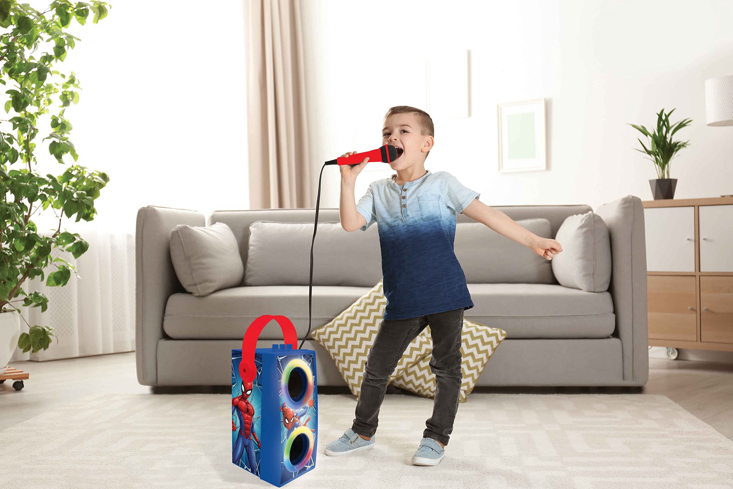 Lexibook Spider-Man Portable Bluetooth Speaker with Microphone - Wireless Karaoke Speaker with LED Light Effects, USB/SD Card Support & Rechargeable Battery (Blue/Red, BTP180SPZ) - Perfect for Kids' Parties, Home Karaoke & Outdoor Gatherings