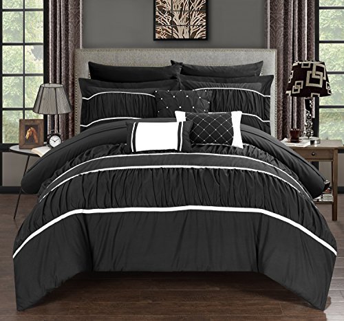 Chic Home Blanche 10-Piece Queen Comforter Set - Pleated Ruffled Bedding with Sheet Set & Decorative Pillow Shams, Black | Complete Bed in a Bag for Luxurious Bedroom Decor | Perfect for Master Bedrooms, Guest Rooms & Cozy Home Styling