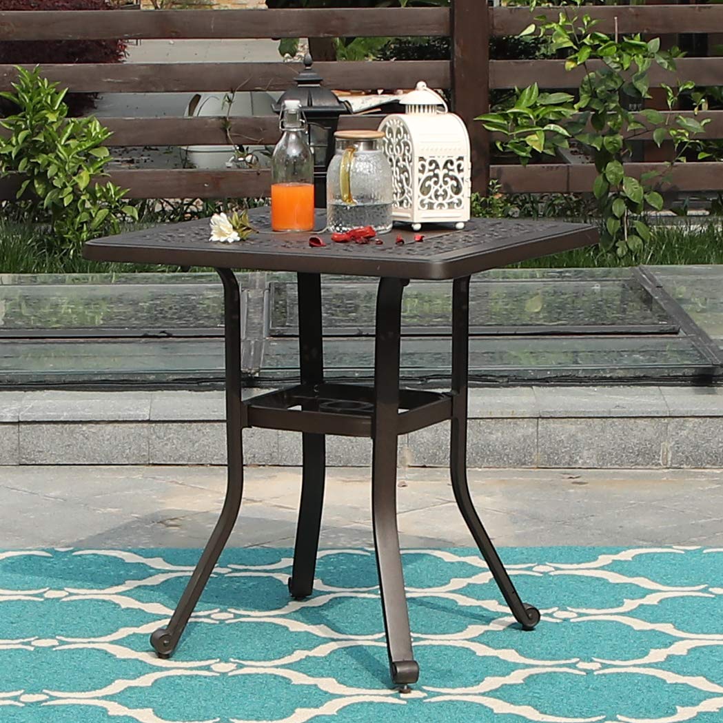 PHI VILLA 27.5 Inch Outdoor Square Bistro Table - Cast Aluminum Patio Side Table with Umbrella Hole for Garden, Backyard, Balcony - Perfect for Coffee, Tea, and Outdoor Dining